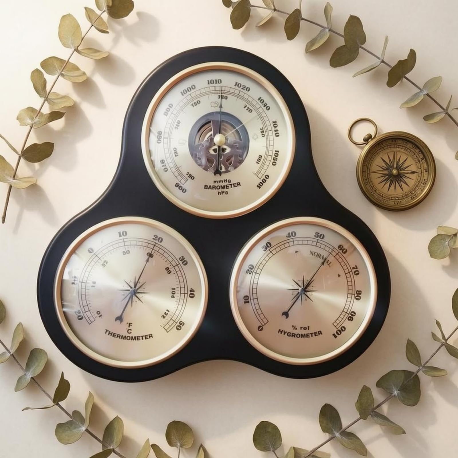 Estación Meteorológica Medidor Higrómetro Placa Decorativa de Pared con Instrumentos Analógicos Bisel Circular Dorado, Termómetro Higrómetro Barómetro De Pared Con Diseño Calado