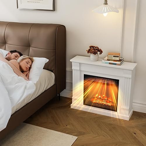 Miniatura 7 de Bonnlo Estufa eléctrica independiente de 32 pulgadas de ancho con llama realista, chimenea blanca, control remoto para habitación del hogar