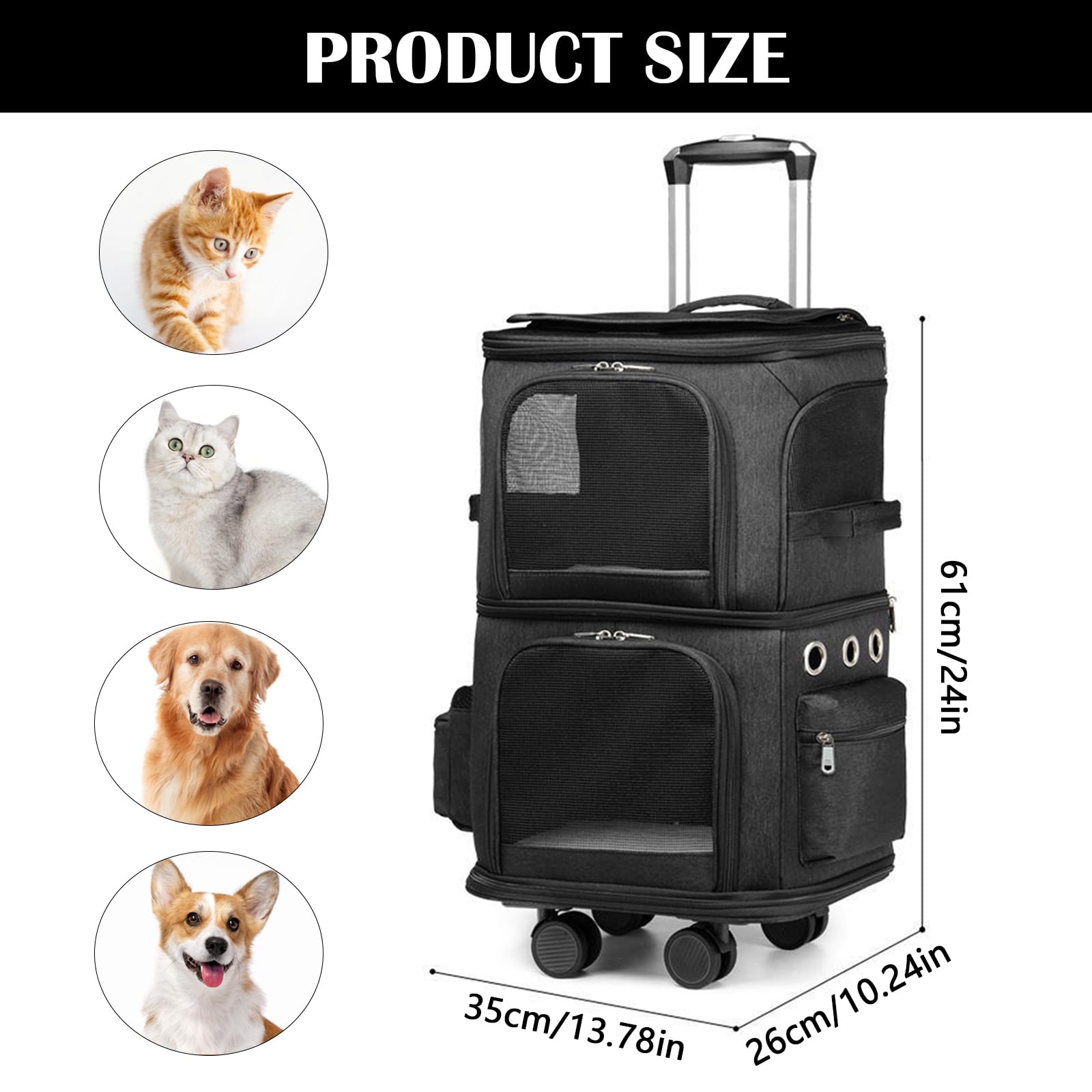 Sac à Dos Chat Chien, Sac à Dos de Transport à Double Compartiment avec Roues Amovibles Sacs Transport Chat Chien Respirant pour 2 Petits Chats et Chiens Chiot