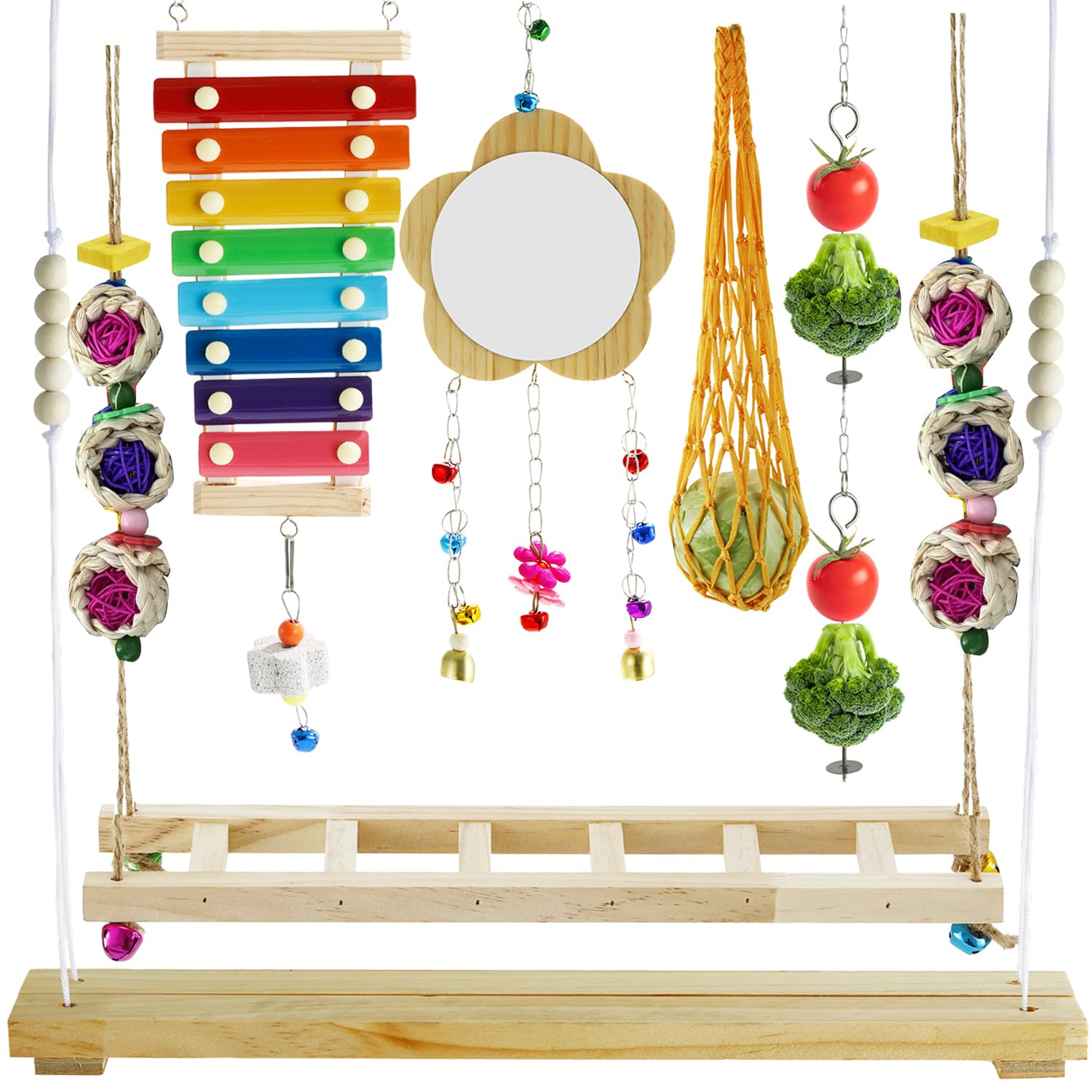 Chicken Toys for Coop 8 Set Chicken Swing Chicken Xylophone Mirror, Vegetable Hanging Feeder for hens