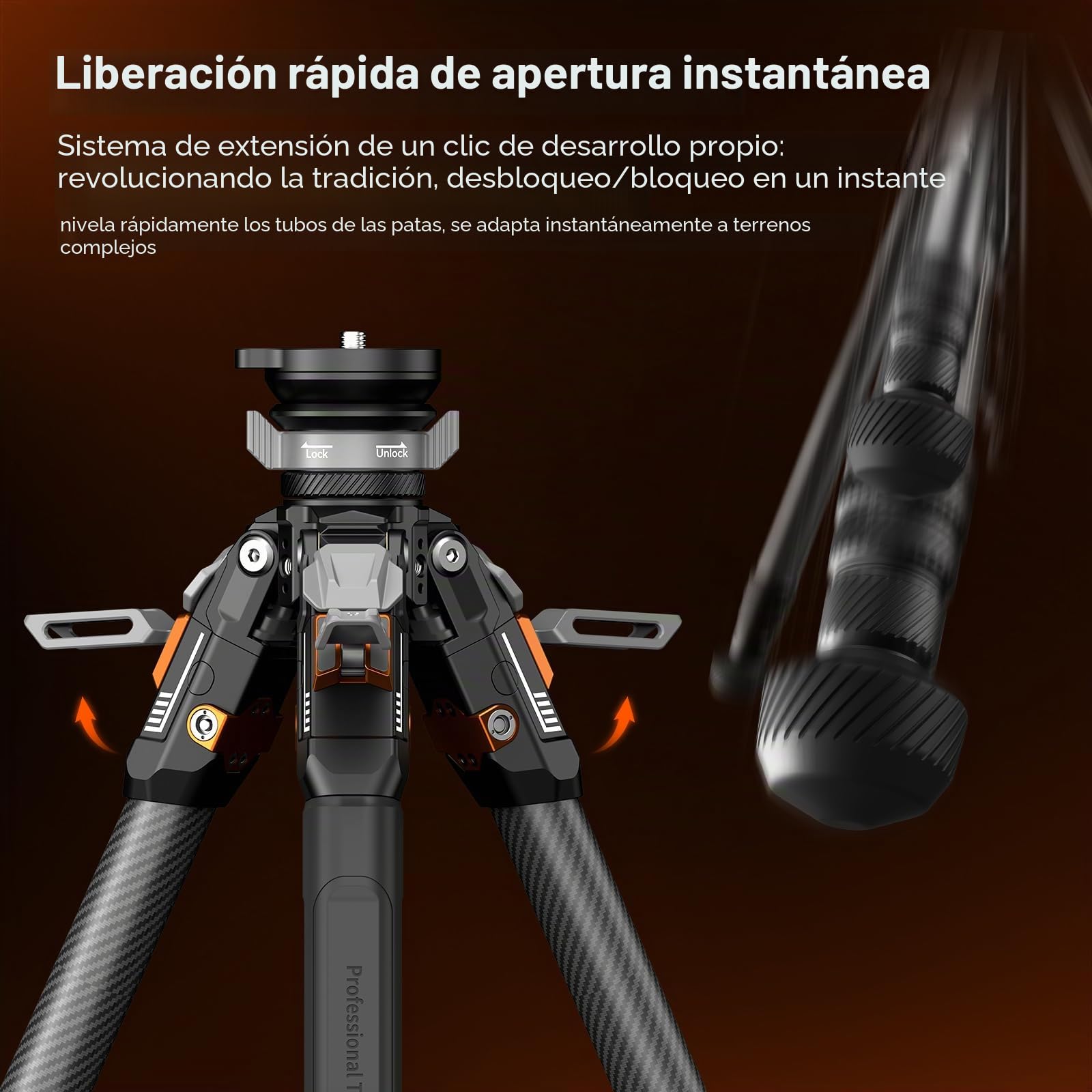 COMAN Trípode de fibra de carbono con apertura completa y un solo clic, trípode profesional para video, rótula para nivelación rápida, altura máxima de 165 cm, capacidad de carga máxima de 20 kg (T1S)