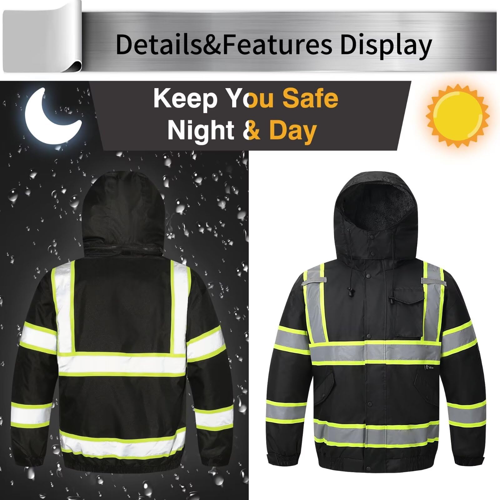 Sudadera con capucha de alta visibilidad para hombre, chamarra de seguridad reflectante con cierre para hombre y mujer, parka aislada para construcción y trabajo