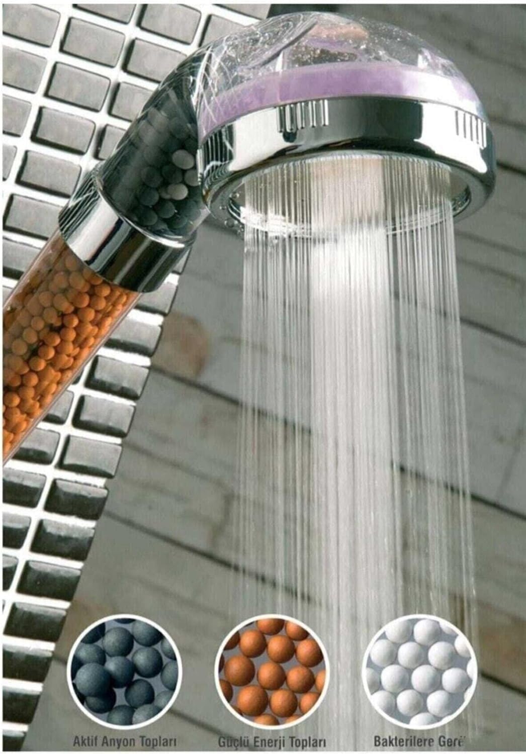 VEHHE Shower Head Powerful Flow with Beads Filter Pressure Boosting Shower Head Spray with 3 Modes Water Saving Bathing for Adults Children Pets Home and Gym Use (White)