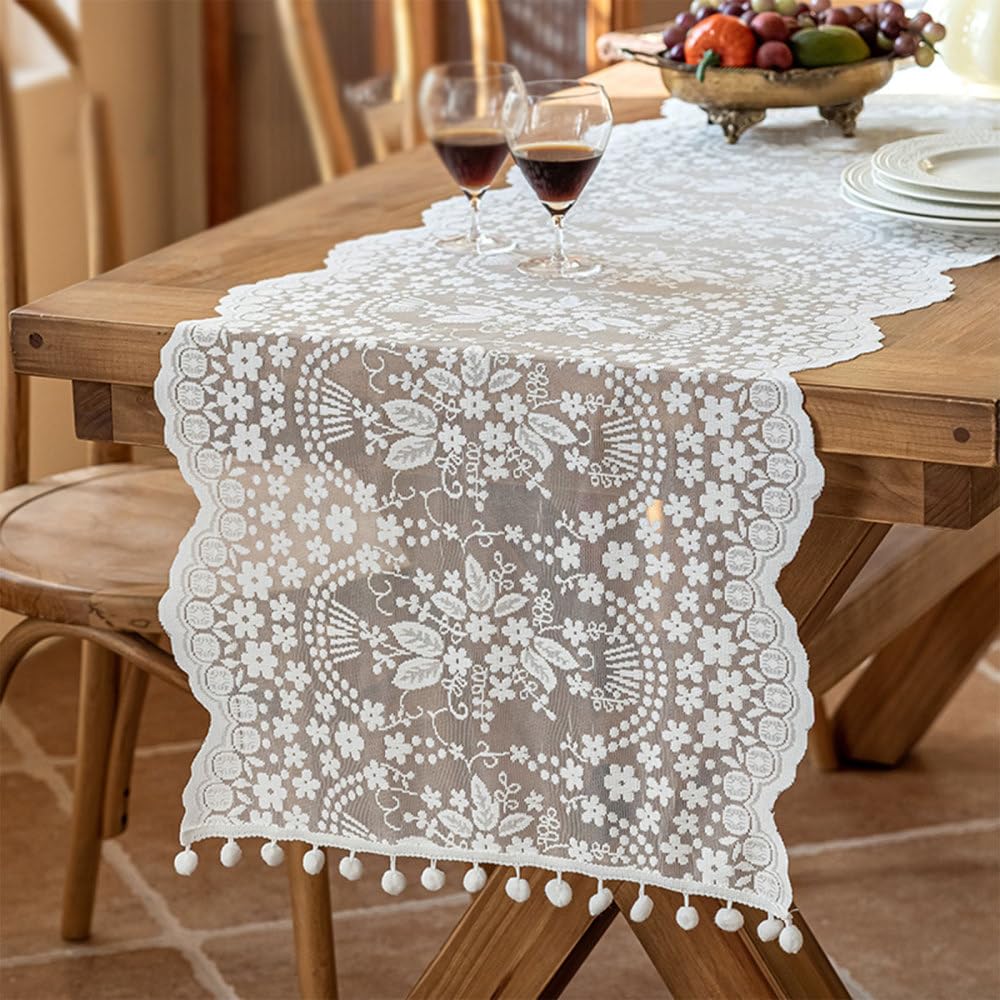 White Lace Table Runner,Floral Embroidered Dinner Table Cover for Wedding Party Decor Birthday Party Cake Decorations