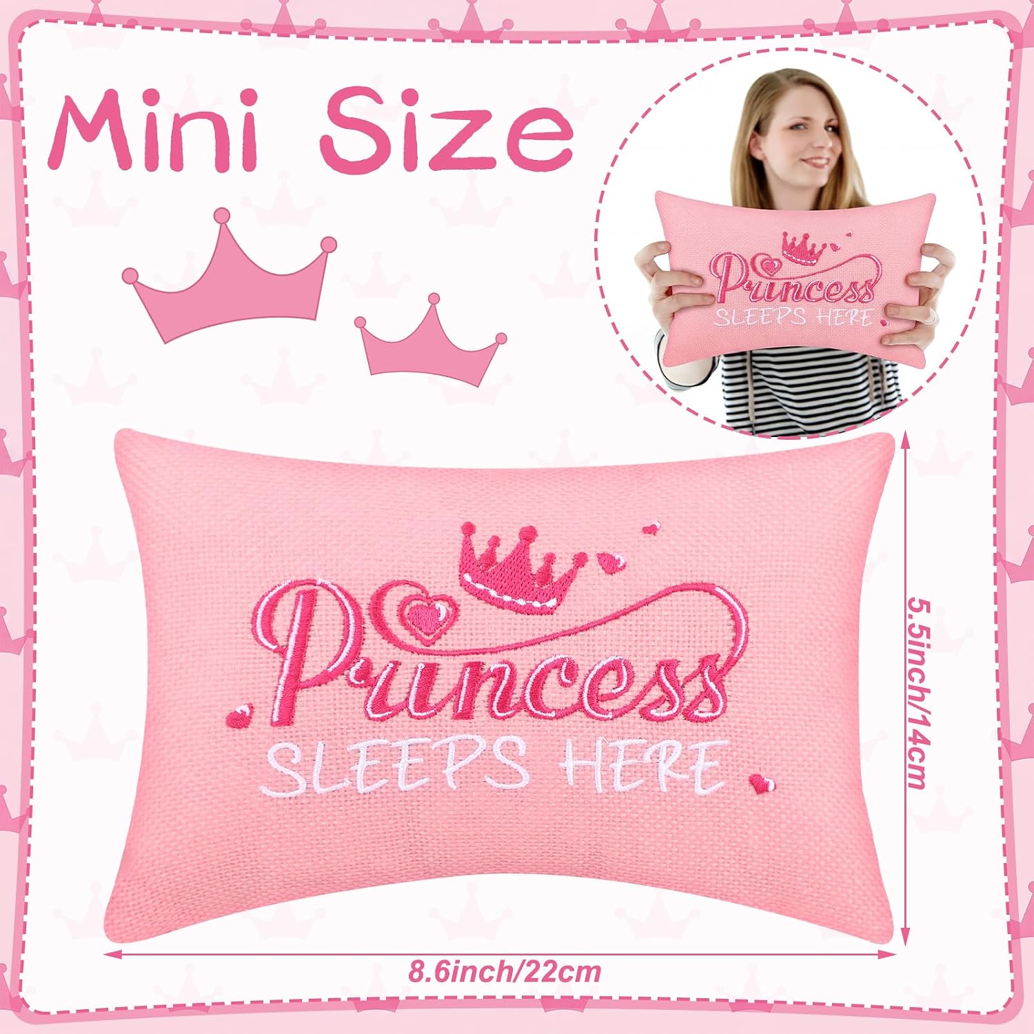 Yousoontic Mini Pink Princess Theme Pillow Sleeps Here Embroidered Accent Pillow 9" x 6" Decor Pink Soft Embroidered Novelty Throw Cushion for Bedroom Sofa Chair Decoration