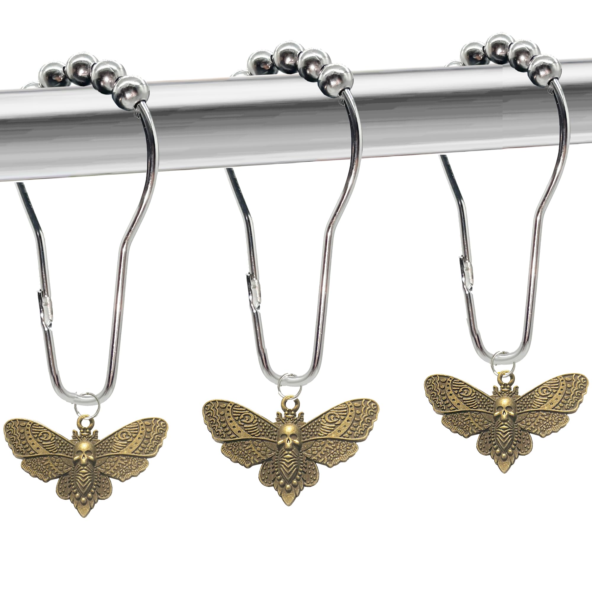 VeloZap Gothic Skull Shower Curtain Hooks, 12pcs Gold Stainless Steel, Spooky Moth Halloween Party Theme Home Bathroom Decor