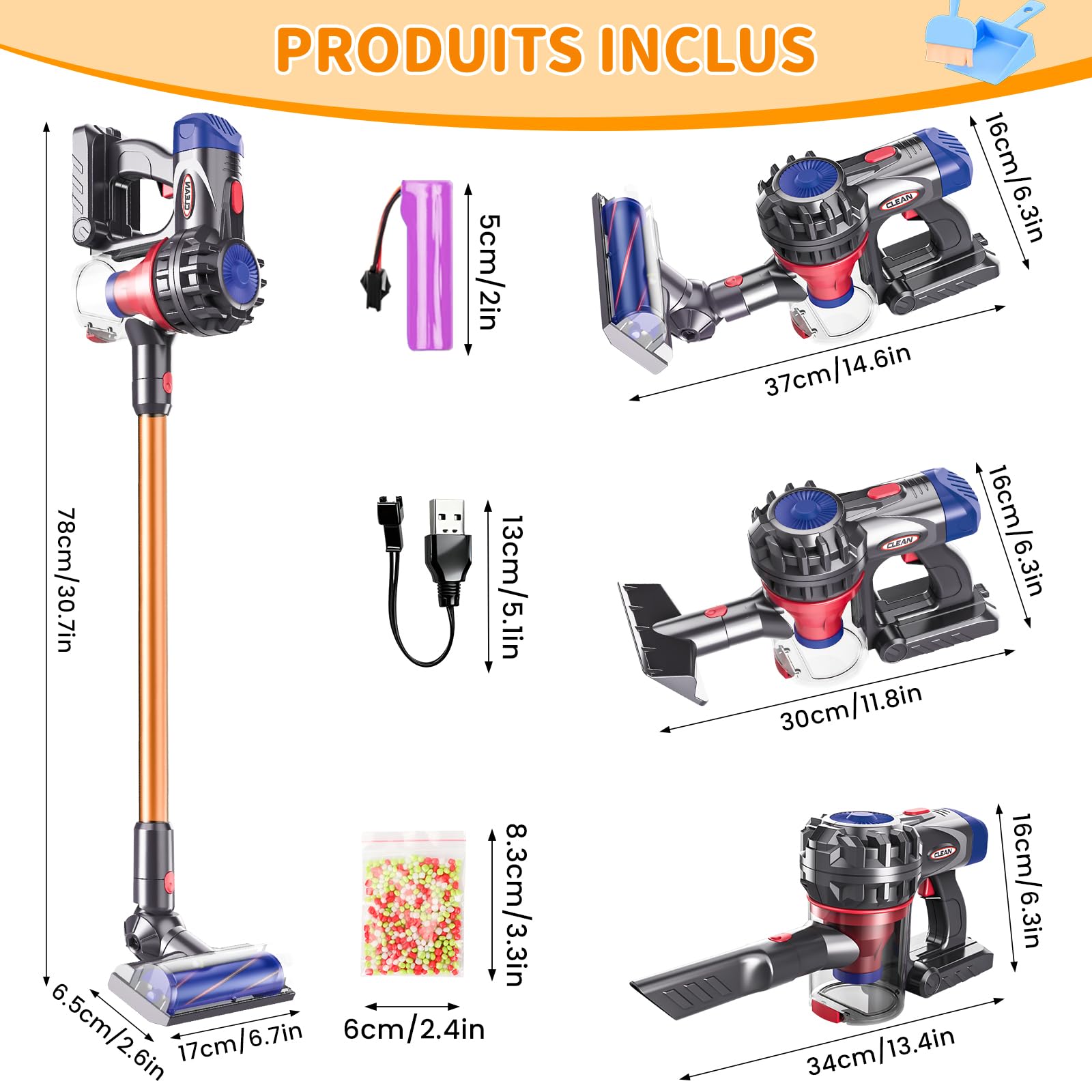 Aspirateur Électrique Jouet, 3-en-1Aspirateur Enfant Fonctionnel, Kit Menage Enfant Vrai Aspirateur, Jouet Éducatif pour Cadeau pour Garçons et Filles de 3 à 6 Ans