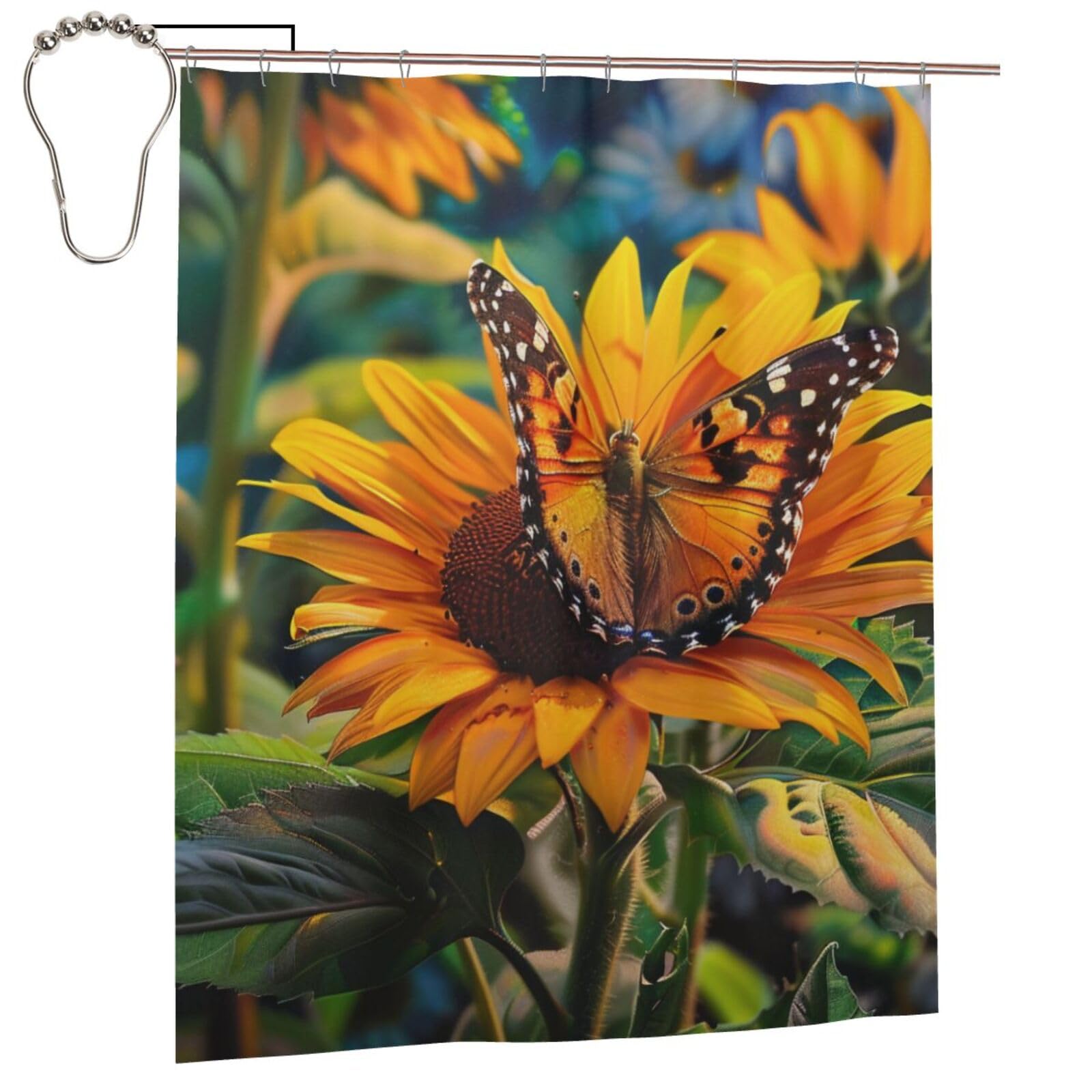 BWWHCCTI Sunflower Butterfly Printed Shower Curtain With 12 Iron Hooks Opaque Quick Drying Waterproof Shower Curtains Sets For Bathroom 152x183 Cm