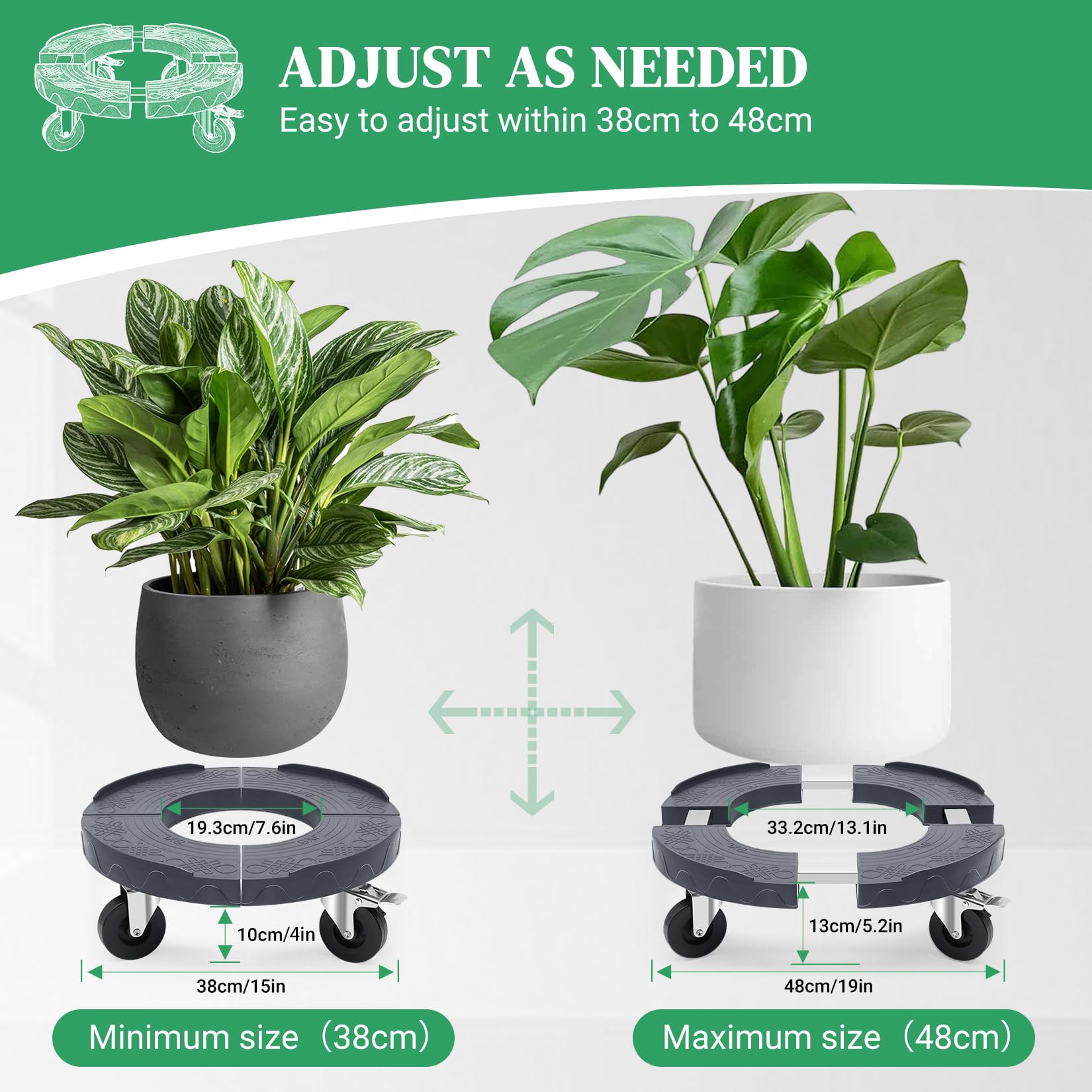 Soporte para Plantas de 220KG de Capacidad, Adjustable Plataforma para Macetas de Peso Pesado, Rodillo para Plantas con Tubo de Acero Inoxidable, Base con Ruedas PE para Sombrillas, Gris