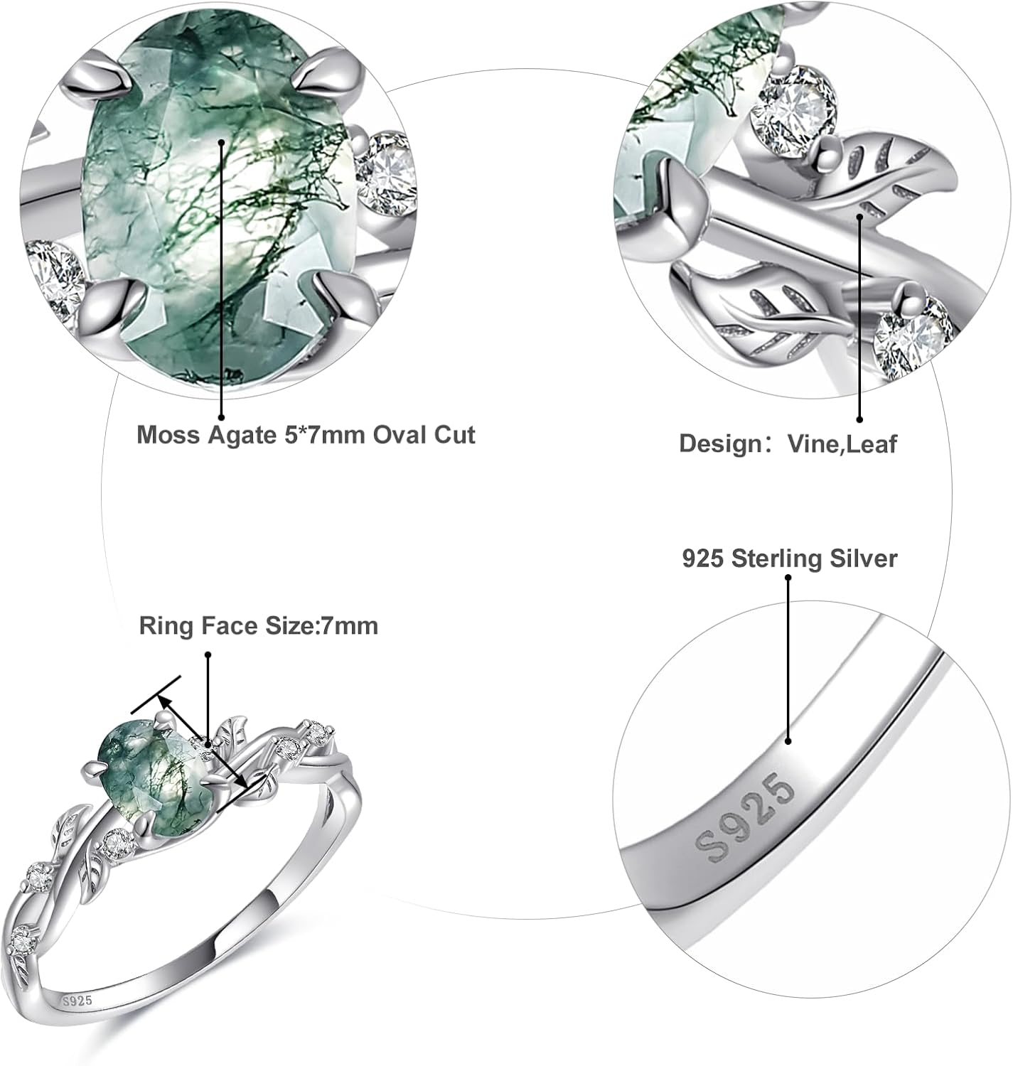 Engagement Rings for Women 925 Sterling Silver Oval Cut Moss Agate/Black Rutilated Quartz/Emerald Gemstone Wedding Rings Promise Ring Size 5-9 - Image 2