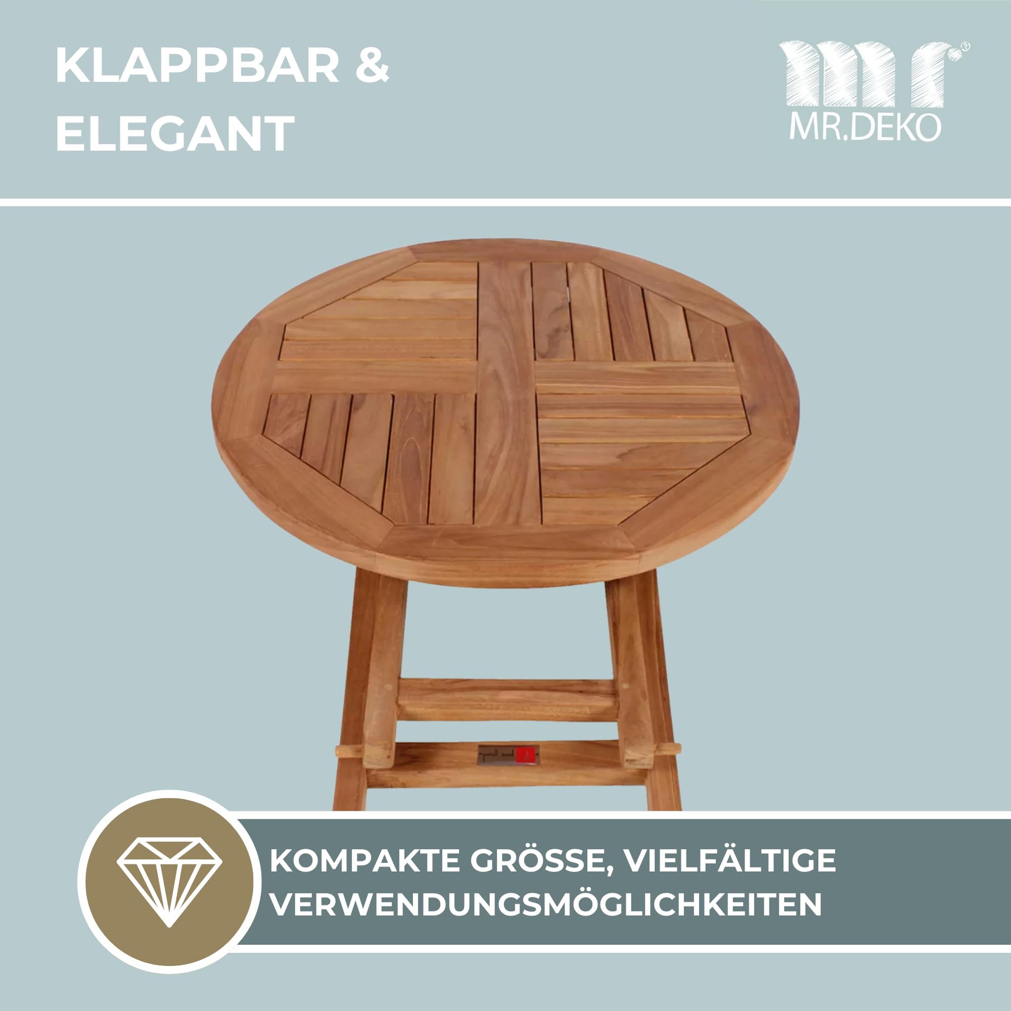 MR.DEKO Balkontisch klappbar Sutton Klapptisch Balkon Gartentisch rund | 70x70cm wetterfestes Teakholz