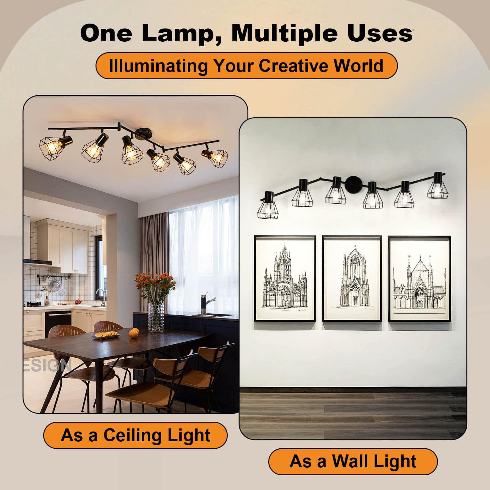 Iluminación de pista de 6 luces, lámpara de techo giratoria direccional, foco negro de pista de granja para cocina, dormitorio, sala de estar, base E26 (bombillas no incluidas) 5