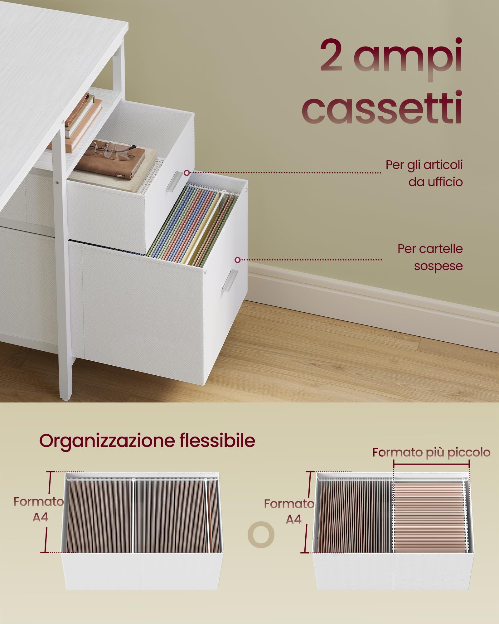 VASAGLE Scrivania per Computer con Cassetti in Tessuto, Supporto per Monitor, Scrivania da Ufficio, 2 Prese AC, 2 Porte USB-A, 120 x 60 cm, Bianco Acero LWD093W01V1