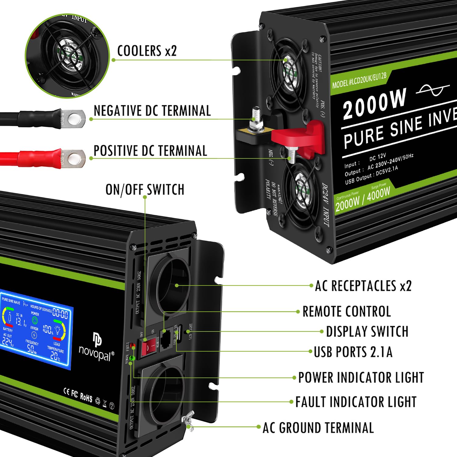 EcoLine - Omvormer 12V Naar 220V/230V - 2000w Vermogen - Zuivere sinus – Spanningomvormer | In for Quallity