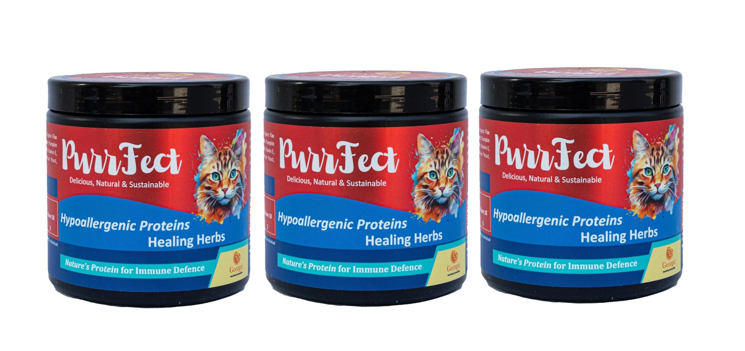 Georgic Cat Supplement Topper Powder | Omega 3 6, Amino Acids, Probiotics, Multivitamin | Skin, Coat, Joint, Gut Nutrition | Collagen for Kitten to Adult Cats | Food Additive | 3x150g