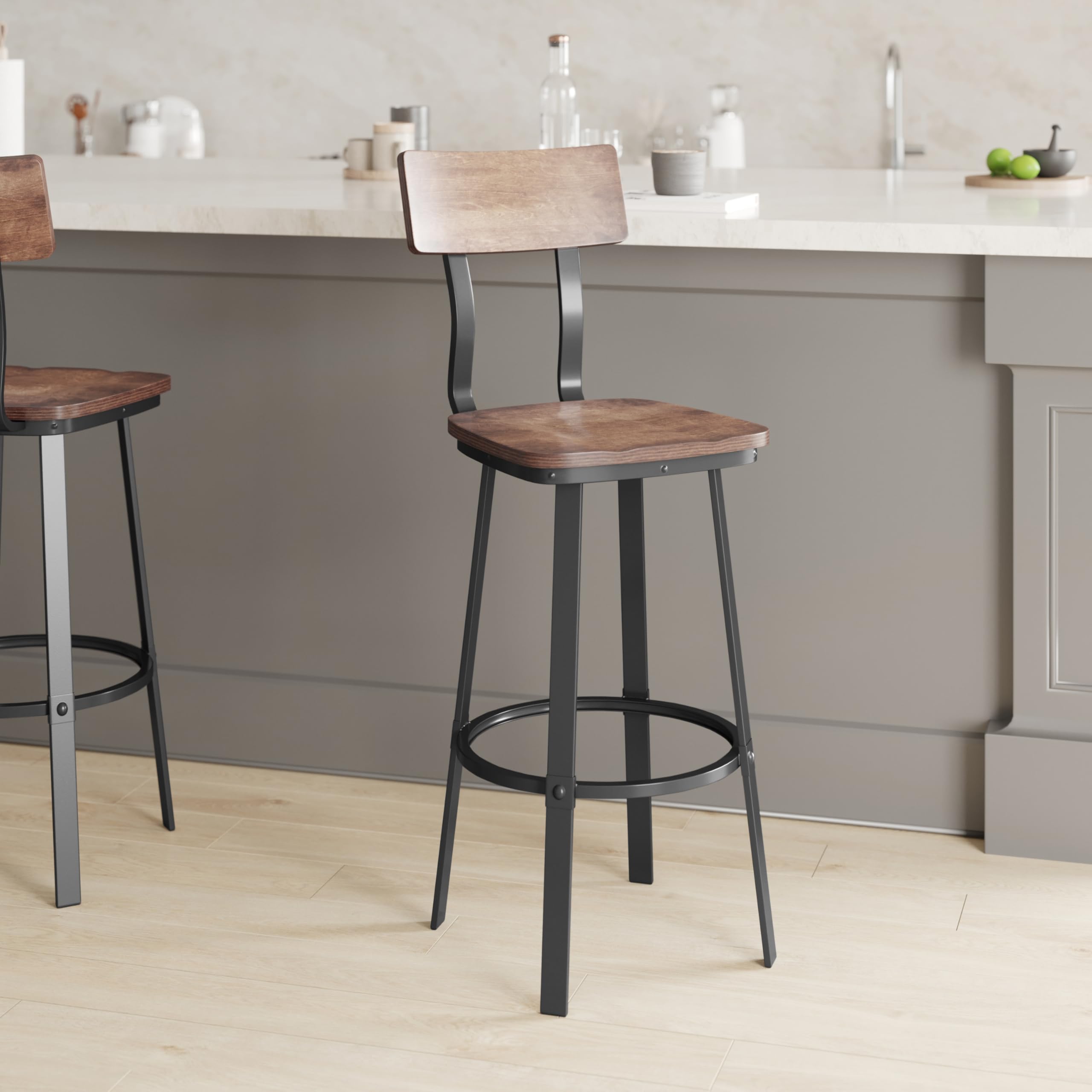 EMMA + OLIVER Fowler Wood Back/Seat Dining Bar Stool, Powder-Coated Frame, Antique Copper/Gray