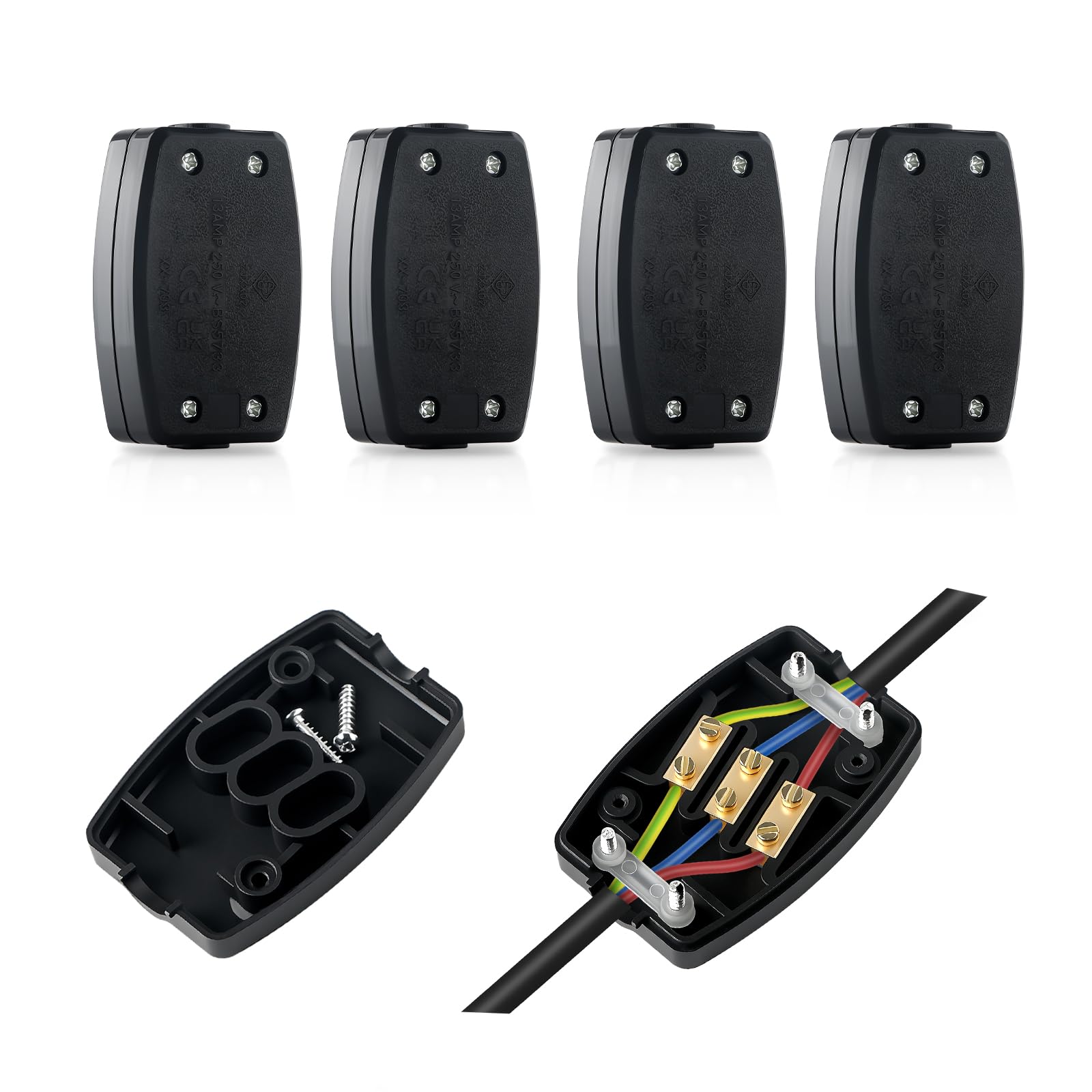 4 Pcs 3 Terminal Electrical Junction Box 13A 250V Flex Connector For Indoor Lighting Power supply (Black）