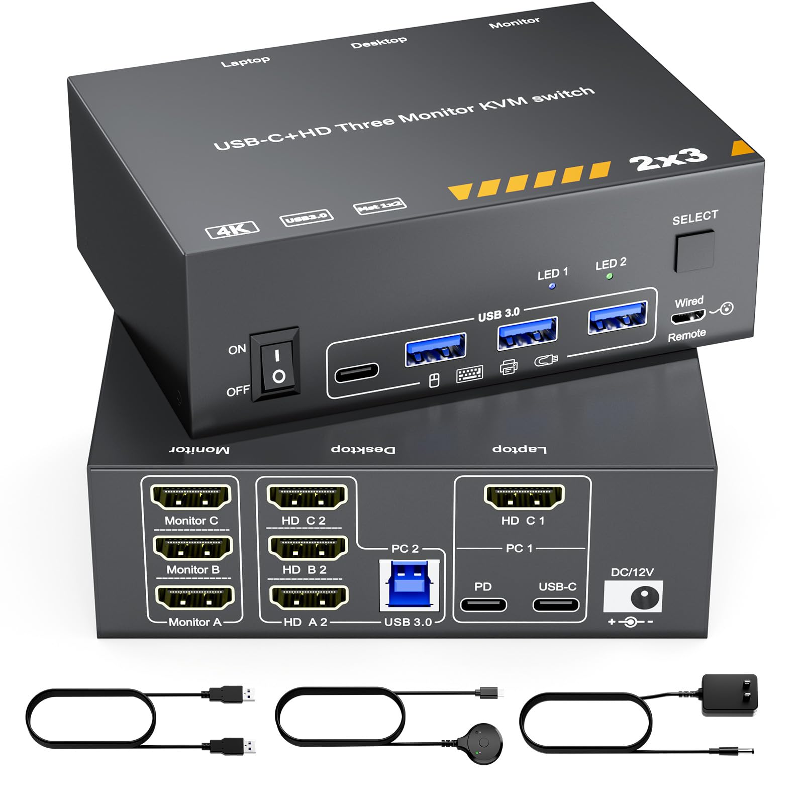 HDMI KVM Switch 3 Monitors for 1 Laptop 1 Desktop, USB 3.0 KVM Switch 3 Monitor 2 Computer MST USB C HDMI KVM 4K@60Hz,PD 87W, Power Adapter, Wired Remote(4K USB C HDMI 2 in 3 Out KVM)-image-20