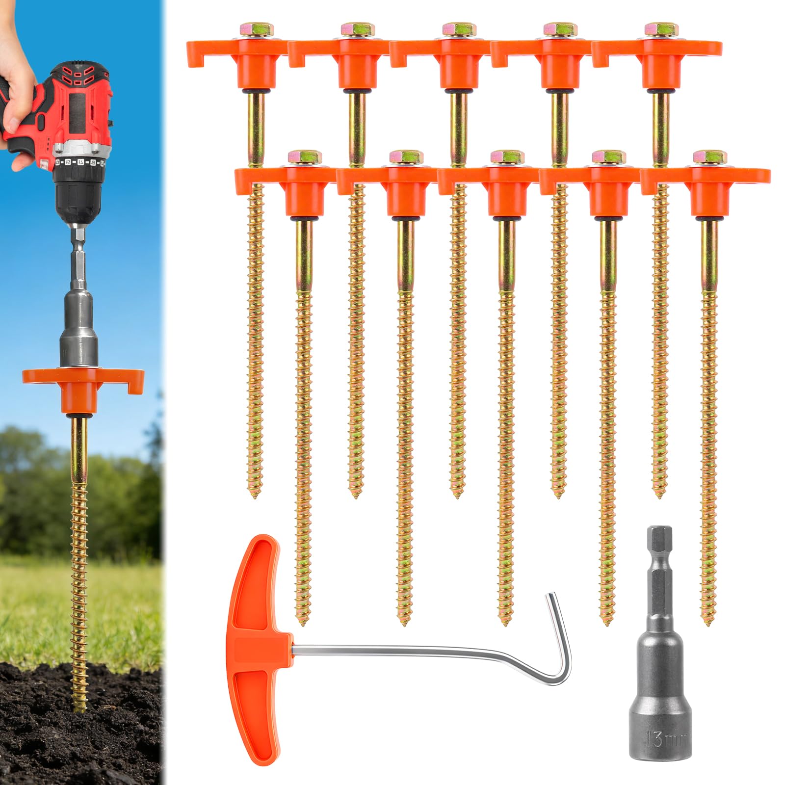 Heavy Duty Tent Pegs Metal 10 Pack 20.3cm – Rock Pegs with Drill Adapter & Nail Puller for Camping, Ground Anchors for Awning, Gazebo, Garden - Orange Camping Essentials
