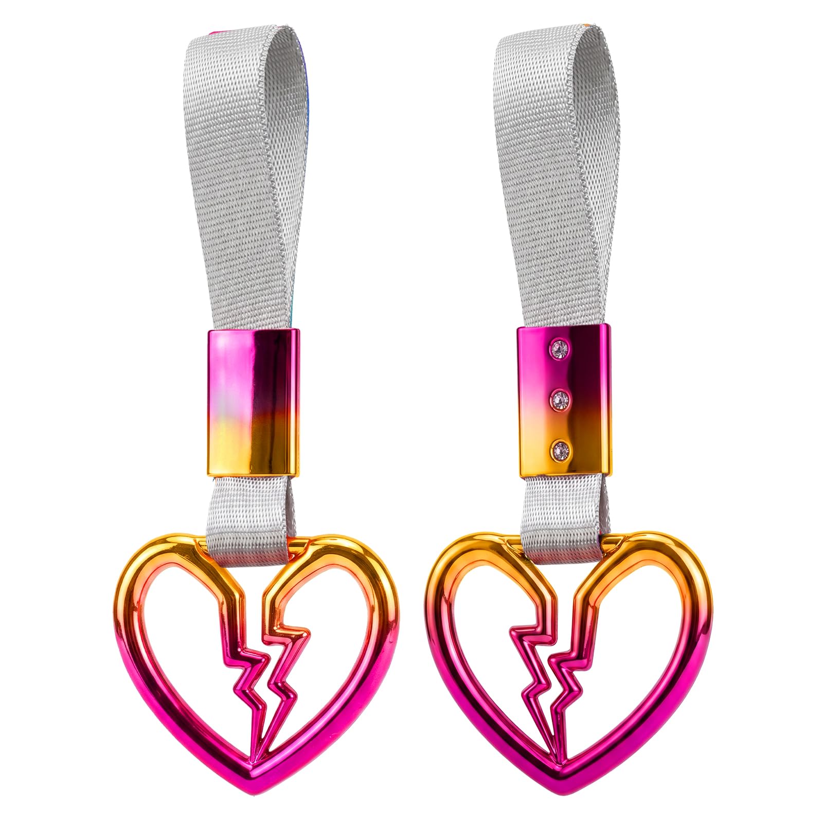 2PCS Heart Shaped Car Handle Straps, Rear Bumper Warning Keychain Ring for Car Exterior Accessories (Chrome Rainbow Broken Heart - White)