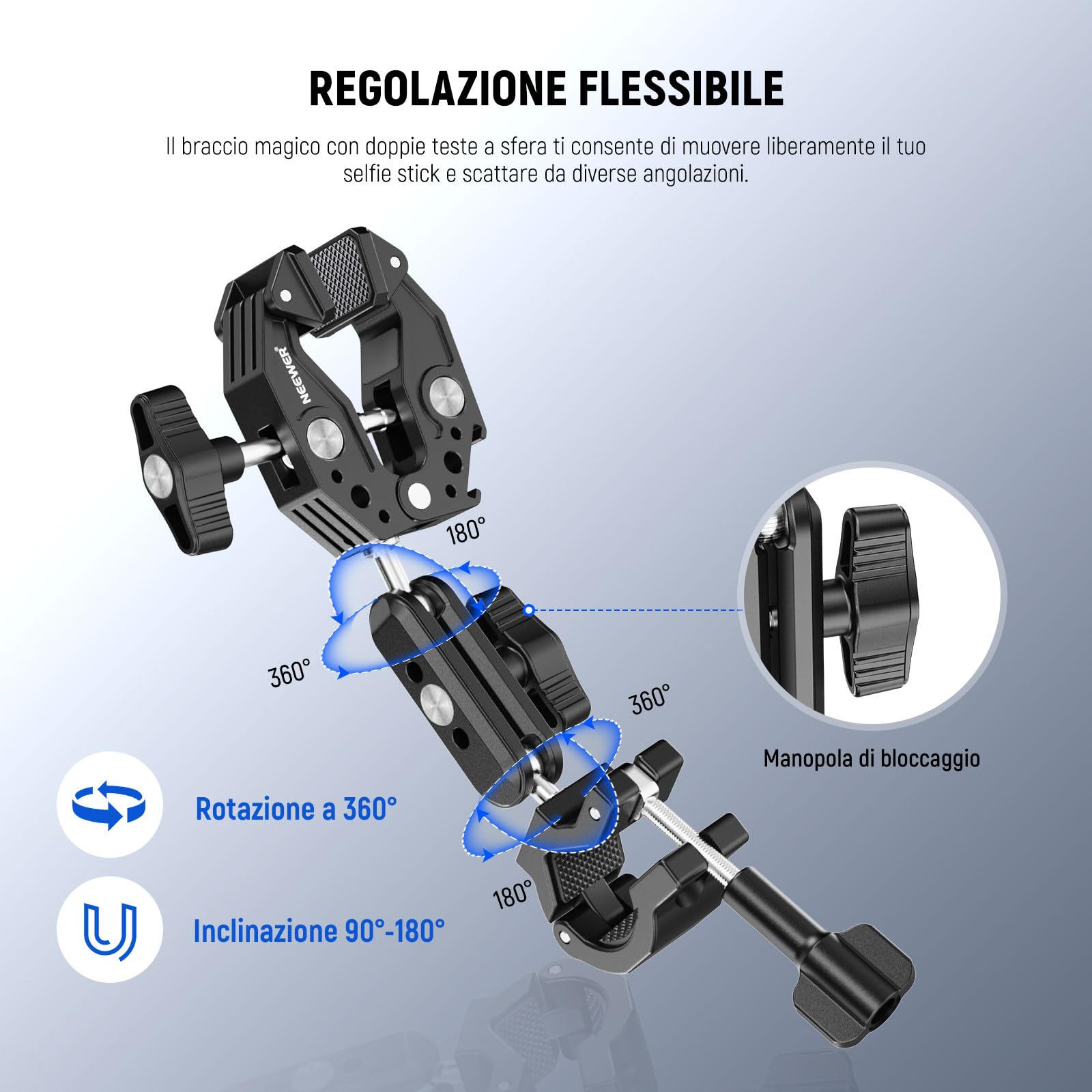 NEEWER Kit di Supporto Fotocamera da Moto, Asta Selfie Invisibile per Manubrio Bici, Teste Sfera 360°, Super Clamp e Panno Pulizia, Compatibile con GoPro Insta360 DJI AKASO Action Cam per Video, GP-30