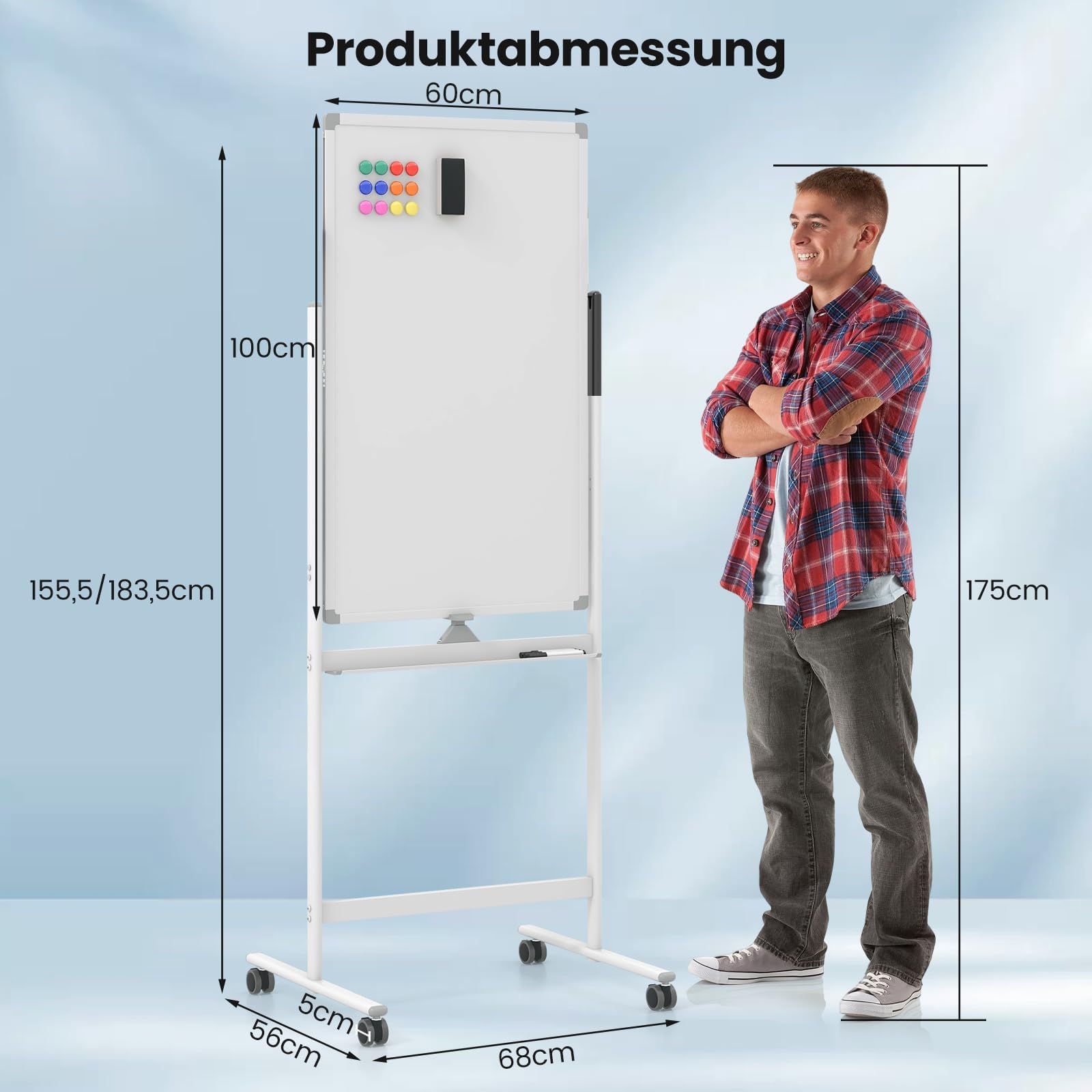 FANTASK Doppelseitiges mobiles Whiteboard, 60 x 100 cm, höhenverstellbares magnetisches Whiteboard mit Rollen, Ständer und Stiftablage, inkl. Zubehör für Schule, Büro, Zuhause (Weiß)