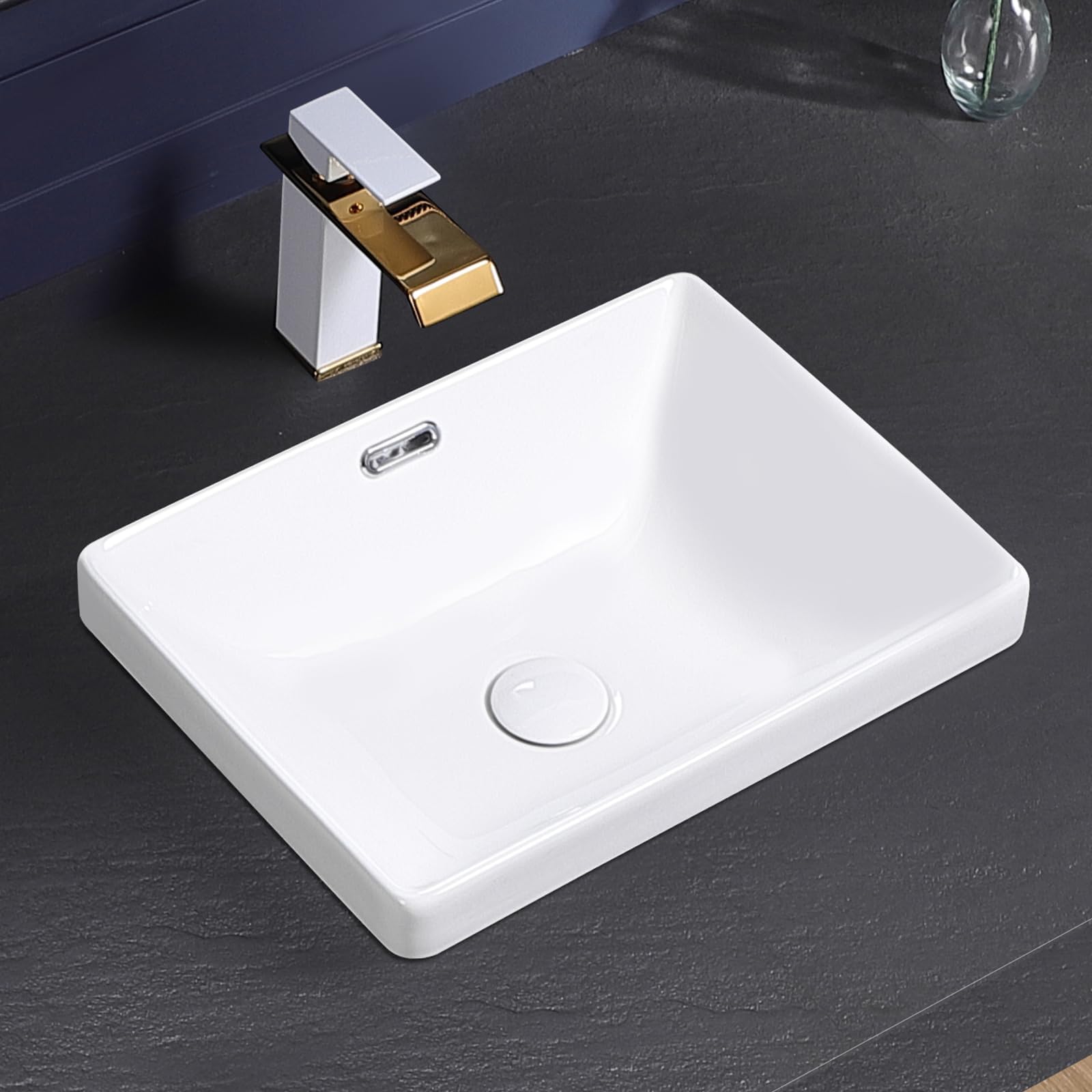 KMOEM Semi Recessed Bathroom Sink 17"x13" Vessel Sink Drop-in White Porcelain Ceramic Modern Rectangular Sinks Basin Vanity Sinks with Overflow for Bathrooms