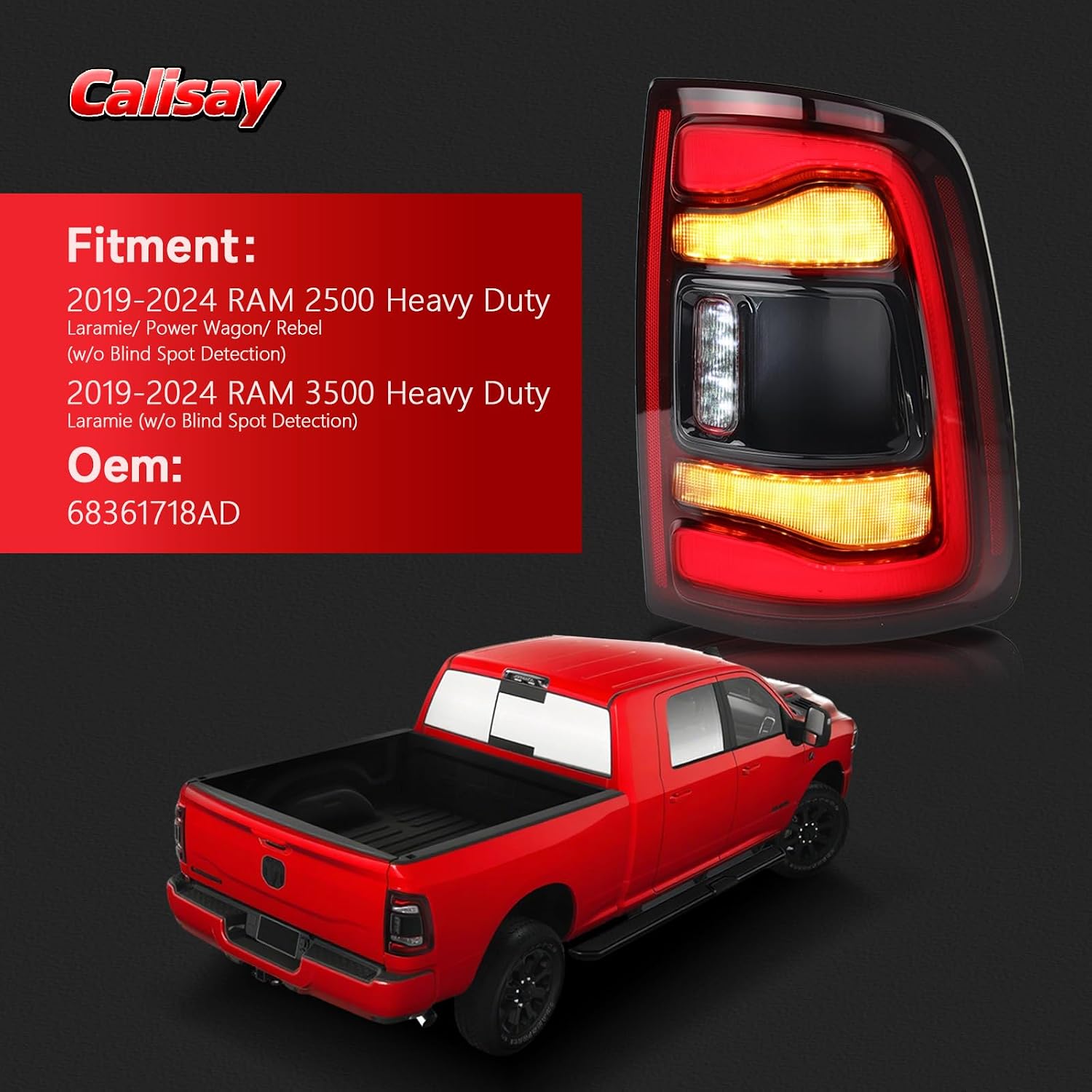 LED Taillights Assembly Compatible With 2019-2024 RAM 2500 3500 HD, Black bezel trim Tail Lights w/o Blind Spot OEM# 68361718AE, 68361718AA, 68361718AB,Right Passenger Side
