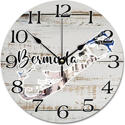 Bermuda Landmark City Landscape - Reloj de pared con mapa de Bermudas de 10 pulgadas, redondo, funciona con pilas, reloj de escritorio silencioso