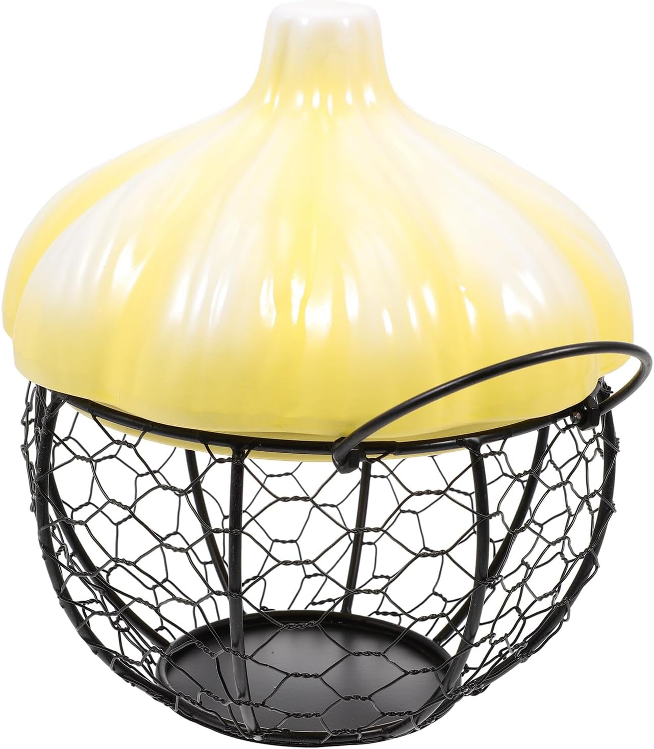 Breathable Garlic and Ginger Basket Small Yellow Ceramic Egg Holder with Black Iron Mesh Countertop Storage for Kitchen Organization