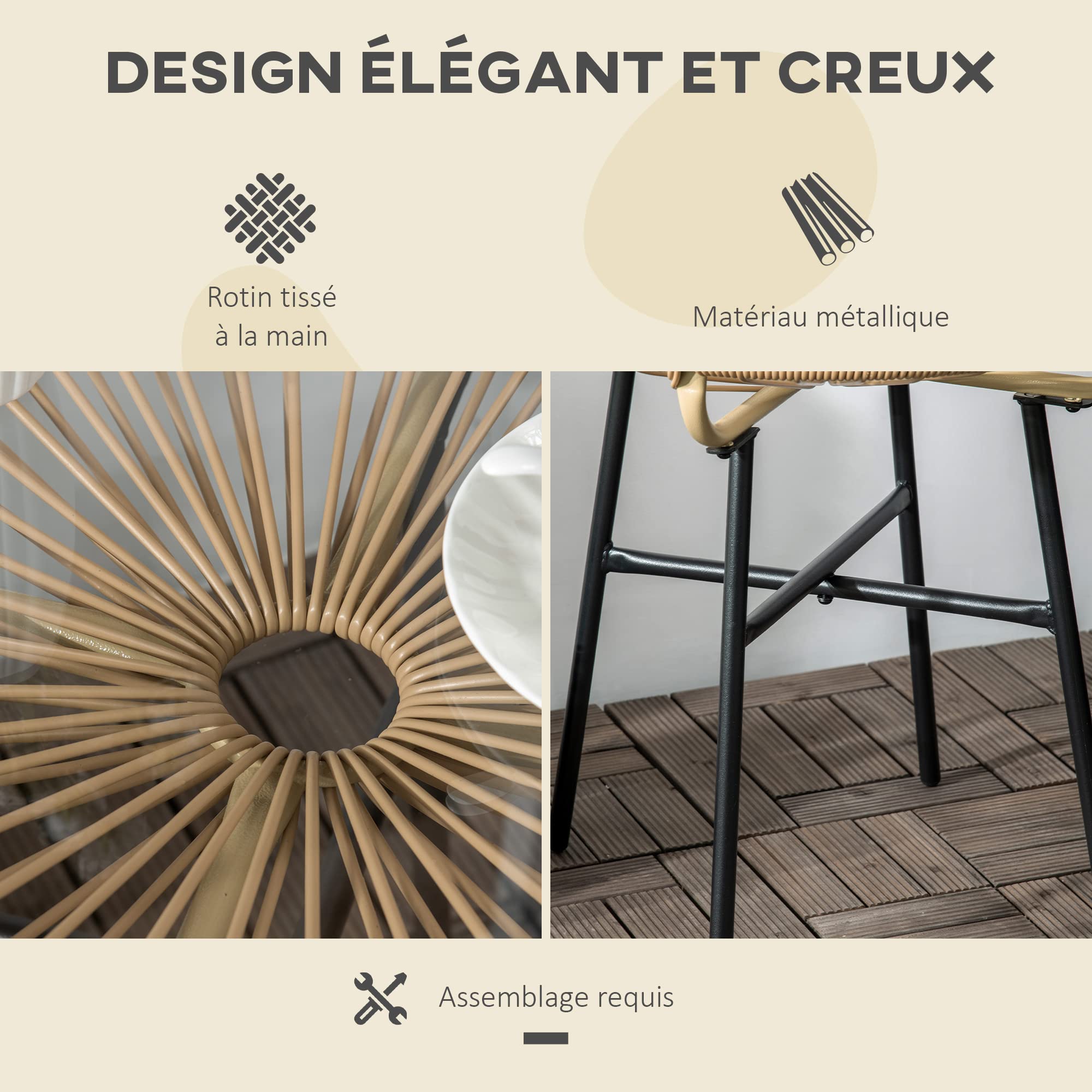 Outsunny Table Basse Ronde Jardin Résine Rotin Métal Plateau Verre Trempé Ø 50 x 50 cm Beige