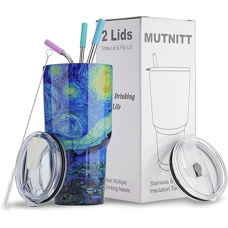 30 oz Tumbler with Lids and Straws,18/8 Stainless Steel Vacuum Insulated Coffee Tumbler,Insulated Travel Mug Water Cup with Leak-Proof Straw Lid & Flip Lid,3 Metal Straws,1 Cleaning Brush & Gift Box