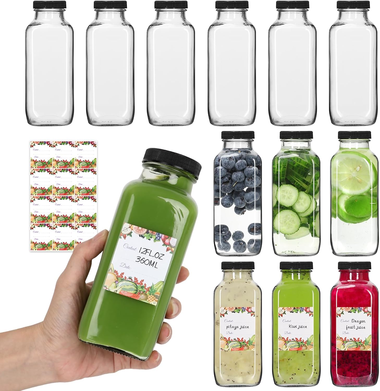 Alotpower 12 oz Glass Juice Bottles with Lids 12Pack, 360ml Square Reusable Drinking Bottles for Juicing, Water, Kombucha Juices, Milk, Beverages and More (12fl.oz, Set of 12)