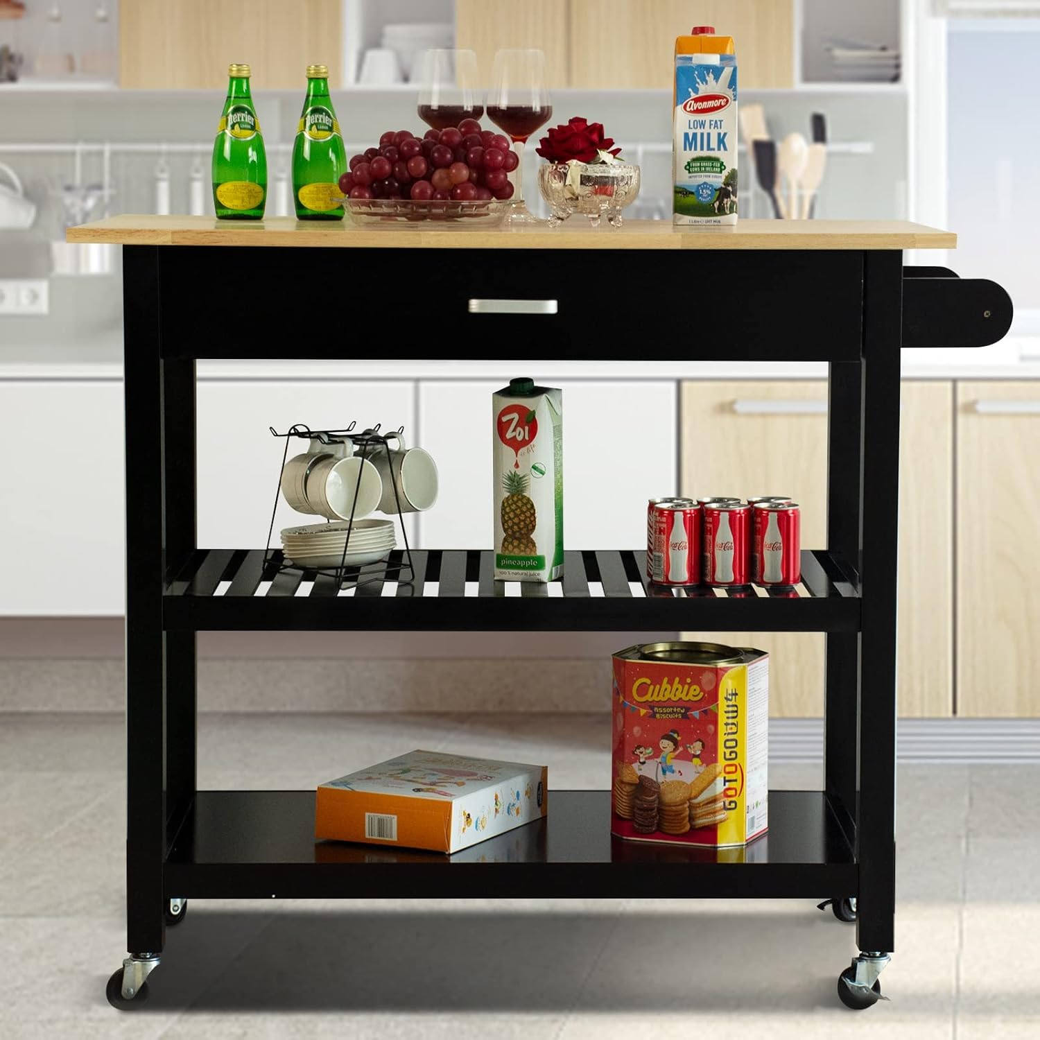 CUANBOZAM Black Rolling Kitchen Island Cart with Storage