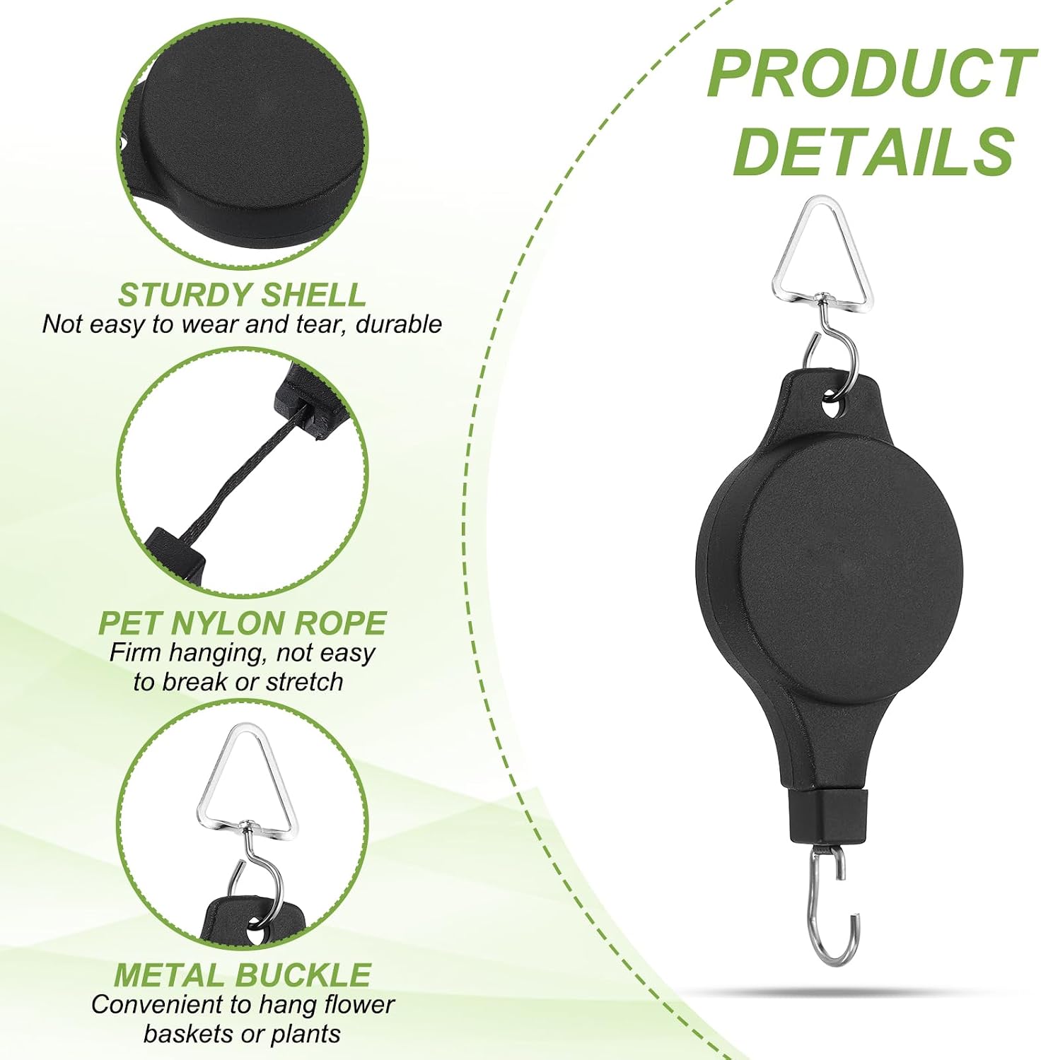PATIKIL Retractable Plant Pulley, 4 Pcs Heavy Duty Plant Hanger Flower Basket Hook Hanger with Triangle Hook for Garden Baskets Pots Birds Feeder, Black image 3