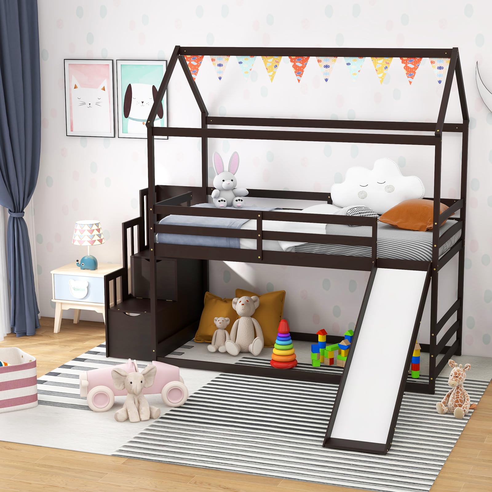 KOTEK Twin Over Twin House Bunk Bed with Slide and Stairs, Solid Wood ...