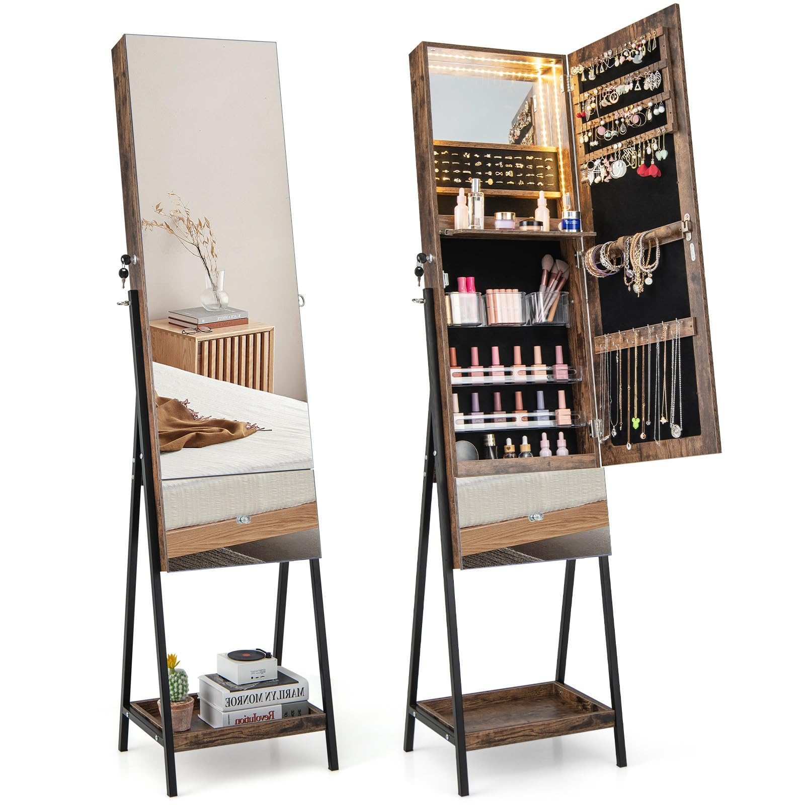 DORTALA Jewelry Cabinet Armoire with Full Length Mirror, Lockable Standing Jewelry Organizer with Storage Shelves, 3-Color LED Lights Built-in Makeup Mirror for Living Room, Bedroom, Rustic Brown