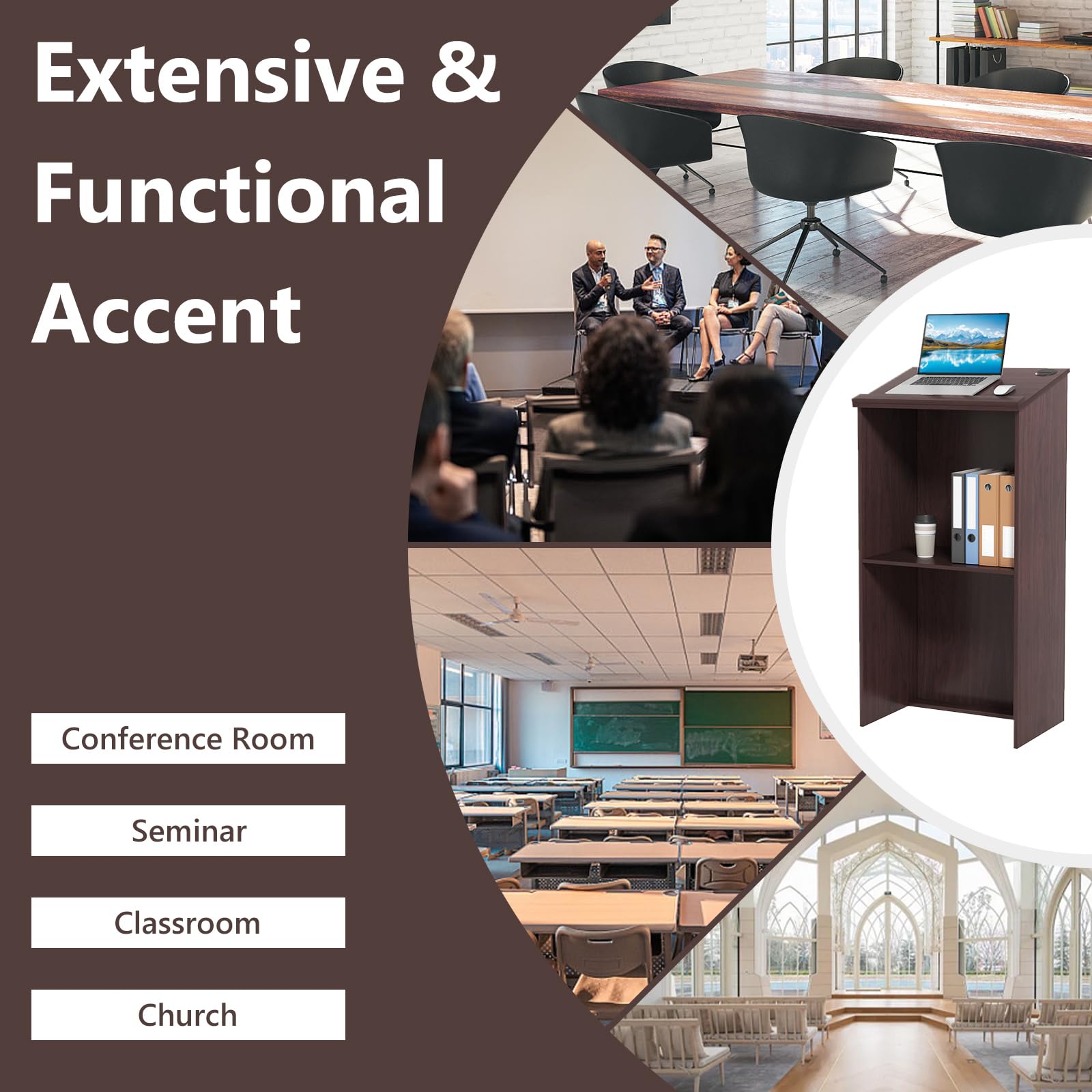 FANTASK Hostessenständer, Stehpult mit Ablagefläche & Kabeldurchführungen, Podiumständer mit Lesefläche, Stehtisch Konferenzpult für Klassenzimmer, Kirche, Büro, Restaurant, Seminar (Braun)