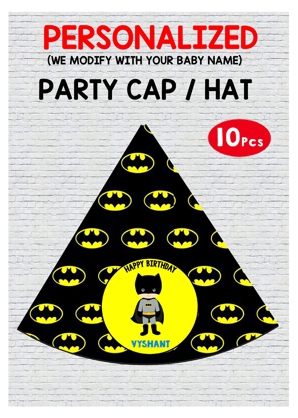WoW Party Studio Personalized Batman Theme Party Caps/Hats with Birthday Boy/Girl Name (10 Pcs)