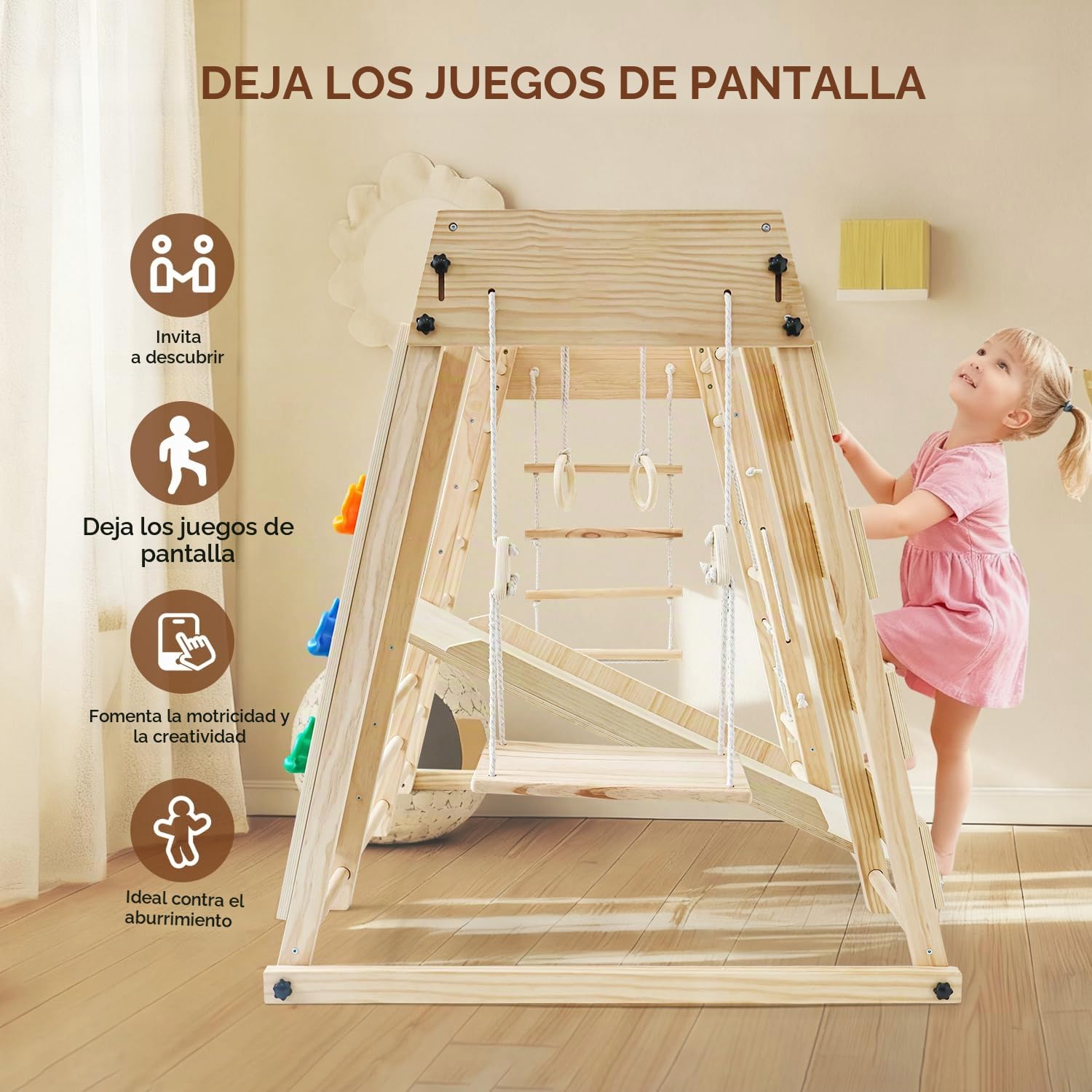 Maxi Estructura de Escalada de interior, 10 en 1 Montessori Estructura de Escalada Plegable para Niños, Multifuncional Parque infantil cubierto con Pizarra columpio monopatín & Red de escalada