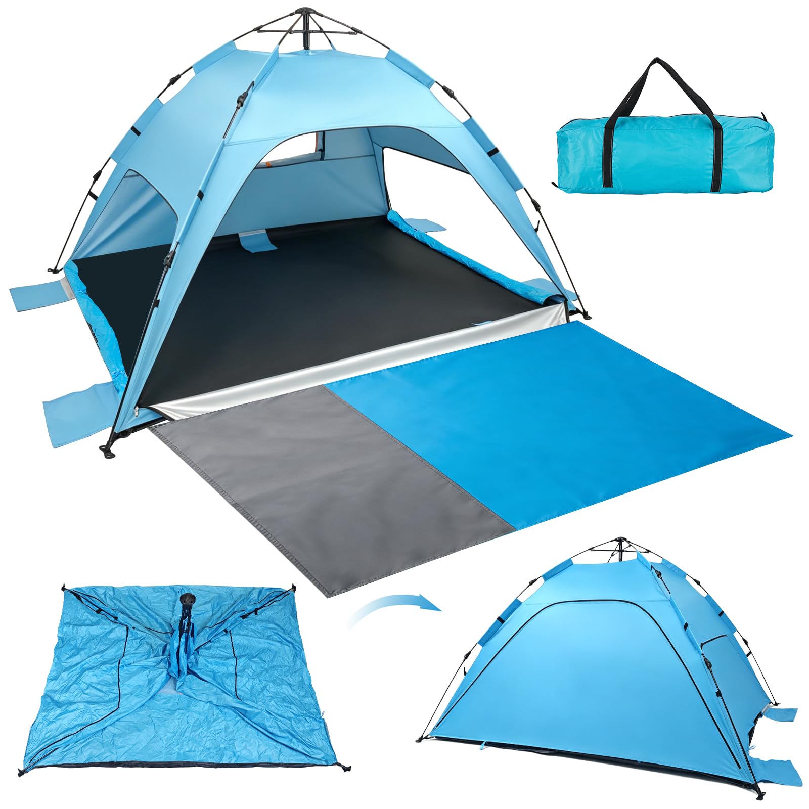 Strandzelt Strandmuschel Pop Up, UV Schutz 50+ Sonnenzelt mit Wasserdichter Strandmatte für 3-4 Personen, 3 Türen Belüftung & herausnehmbarer Boden, Tragbar Windschutz Baby Zelt für Strand Urlaub