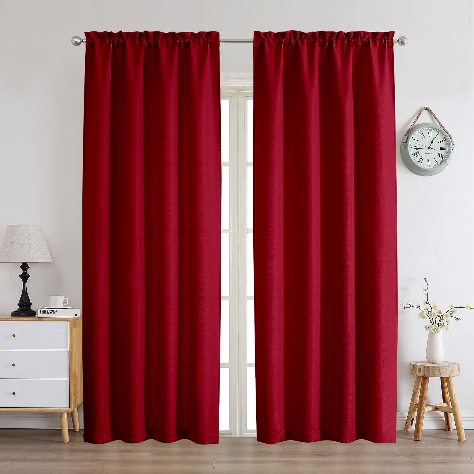Chyhomenyc Christmas Red Curtains 90 Inch Length 2 Panels Set, Faux Linen Textured Light Filtering Soft Airy Privacy Farmhouse Curtain Drapes for Living Room Bedroom, 40W x 90L Inches — image 1