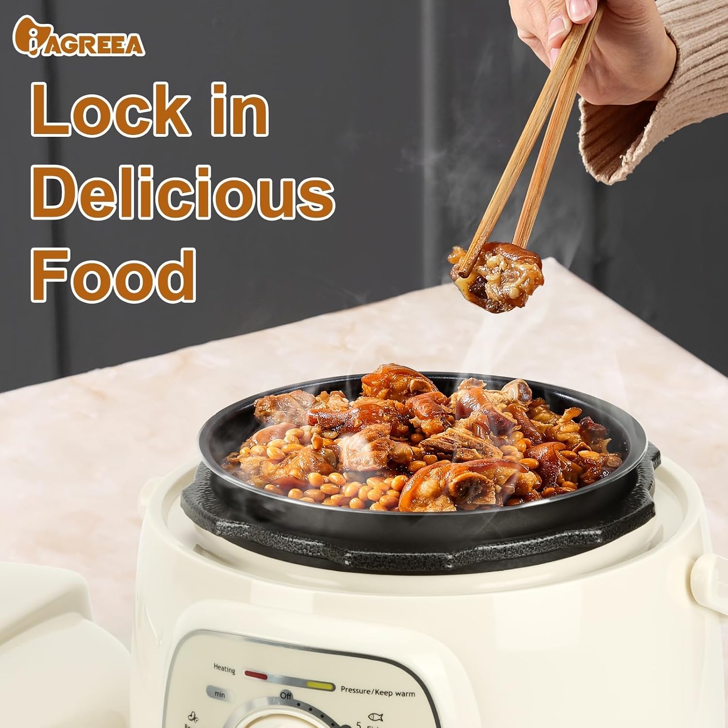 A close-up view of food being cooked inside the IAGREEA Mini Electric Pressure Cooker, demonstrating its ability to lock in flavor.