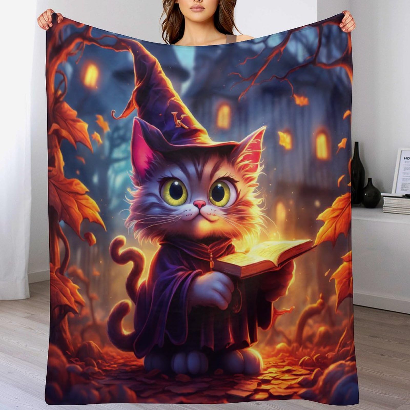 Couverture polaire en flannel chat d'halloween 180x200cm pour lit et canapé