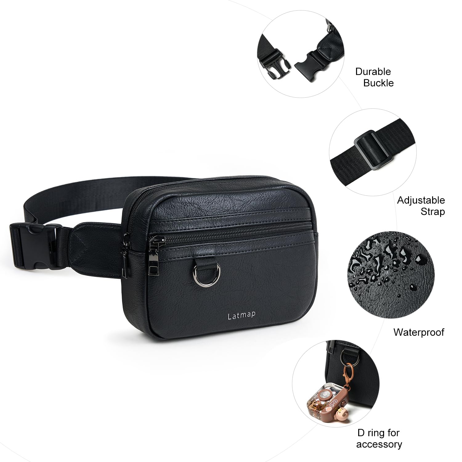 LATMAP 3L Marsupio Donna Tracolla Sportivo Grande Impermeabile in Pelle PU Elegante con Borsa Zip e Cintura Regolabile per Viaggio, Outdoor, Trekking