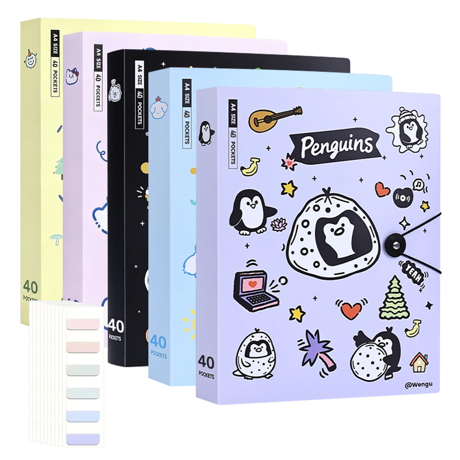 A4 Display Book Folder with Plastic Sleeves, 5 Pack 40 Pocket Presentation Book with 60 Index Tabs, Cute Animal Document Folder Organizer for School Subject, Home Office & Art Portfolio, 5 Colors