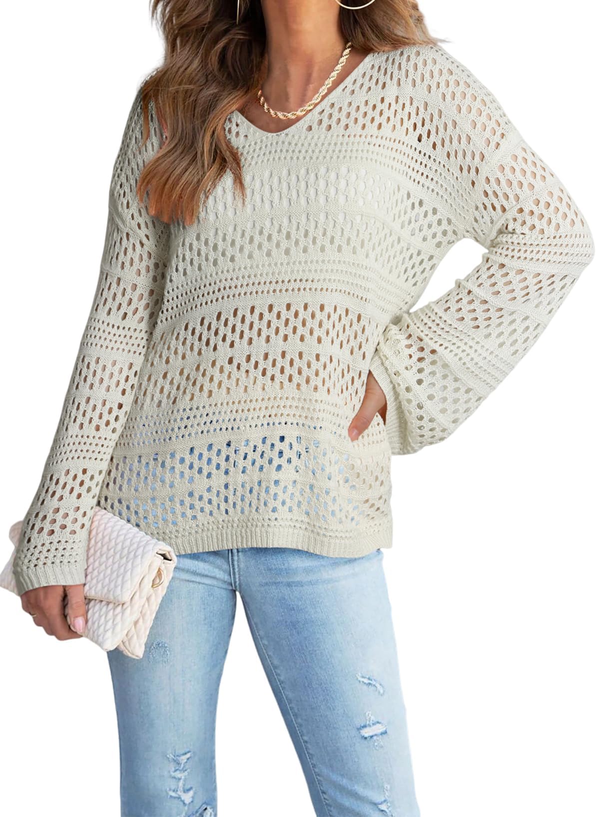 DokotooWomen's Summer Crochet Hollow Out Blouse Shirts Casual Long Sleeve Beach Bikini Swimsuit Mesh Cover Up Tops