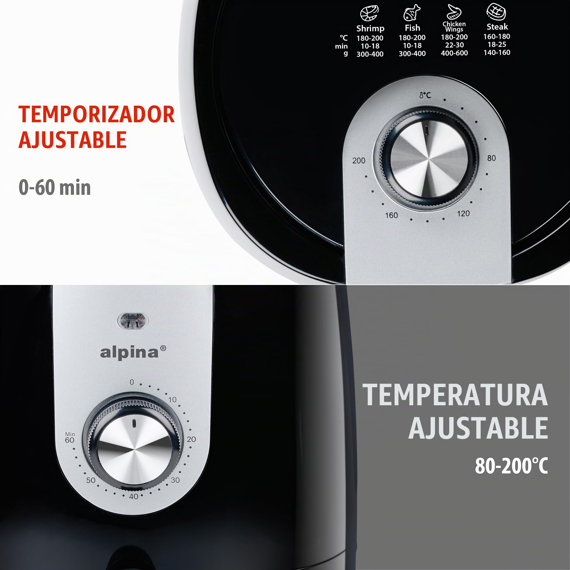 alpina Freidora Aire 2L - Air Fryer Adecuada para 2 a 3 Personas - Freidora sin Aceite con Temporizador y Temperatura Ajustable - Plástico - Negro