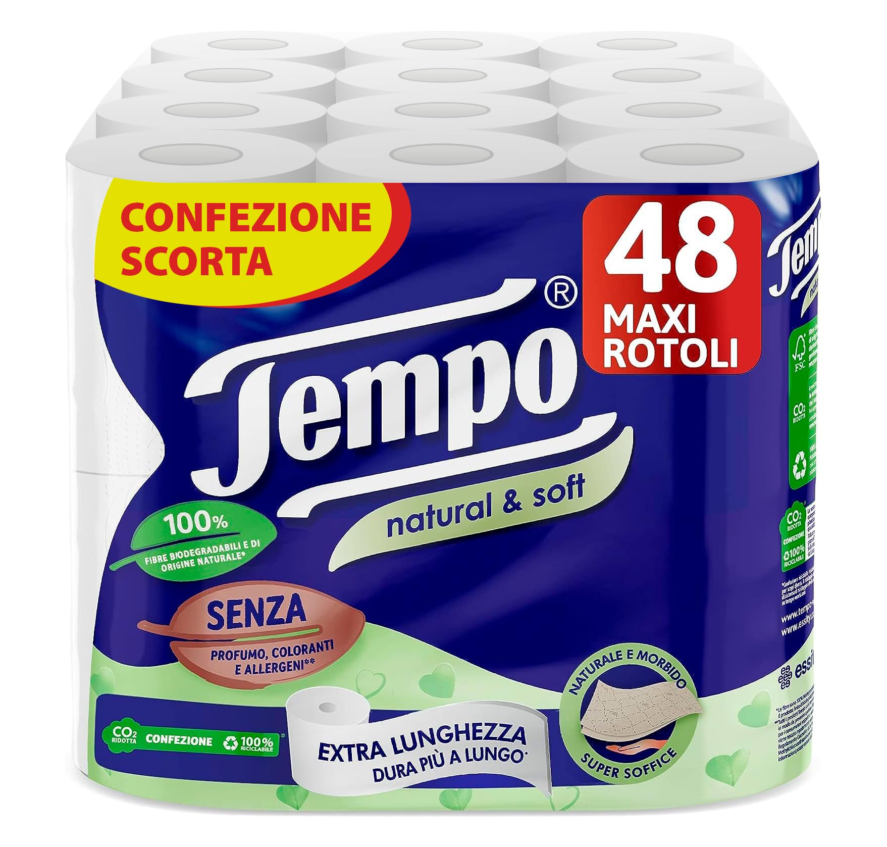 Tempo, Carta Igienica Natural & Soft, Morbida e Resistente, 48 Maxi Rotoli, Composti da 100% di Fibre Biodegradabili, Senza Profumo o Allergeni