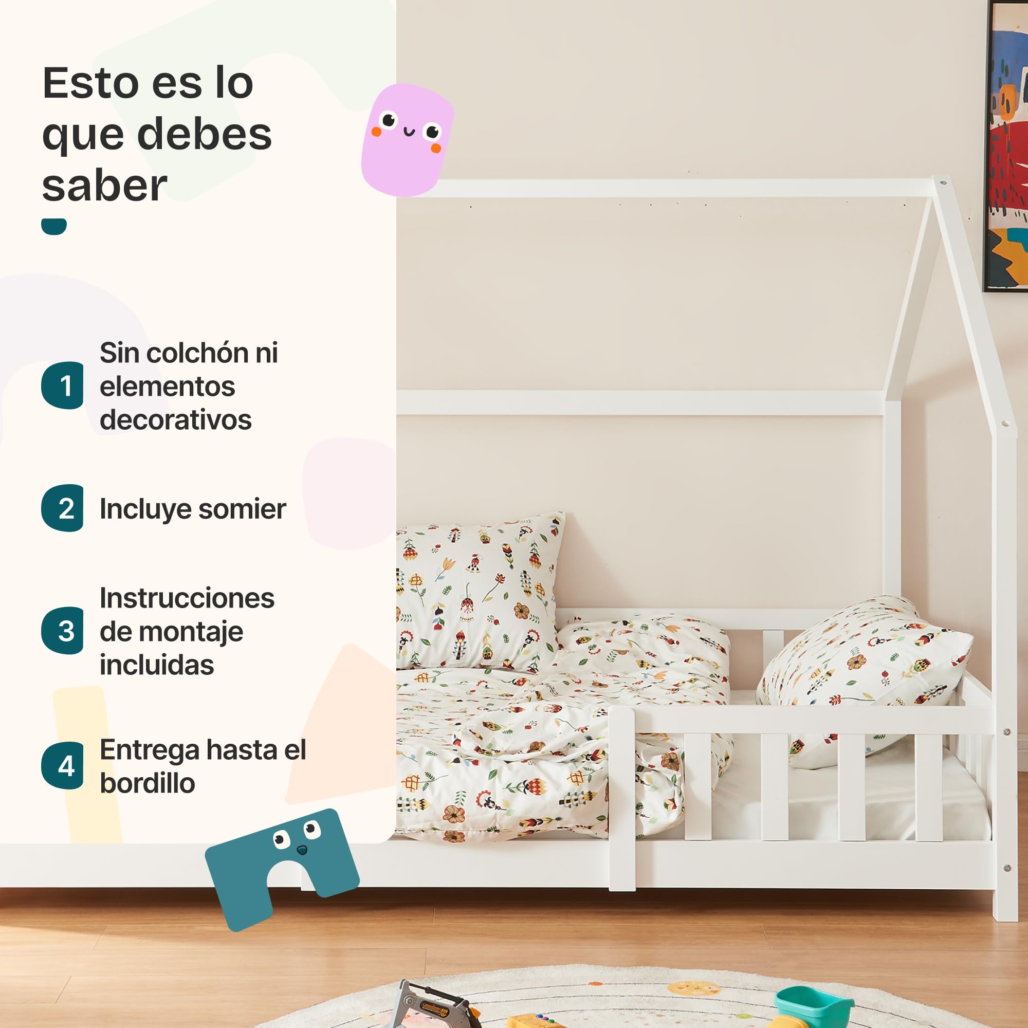 [en.casa] Cama para Niños Sisimiut de Madera Pino 120 x 200 cm Cama Infantil con Reja Protectora y Somier Forma de Casa Casita - Blanco
